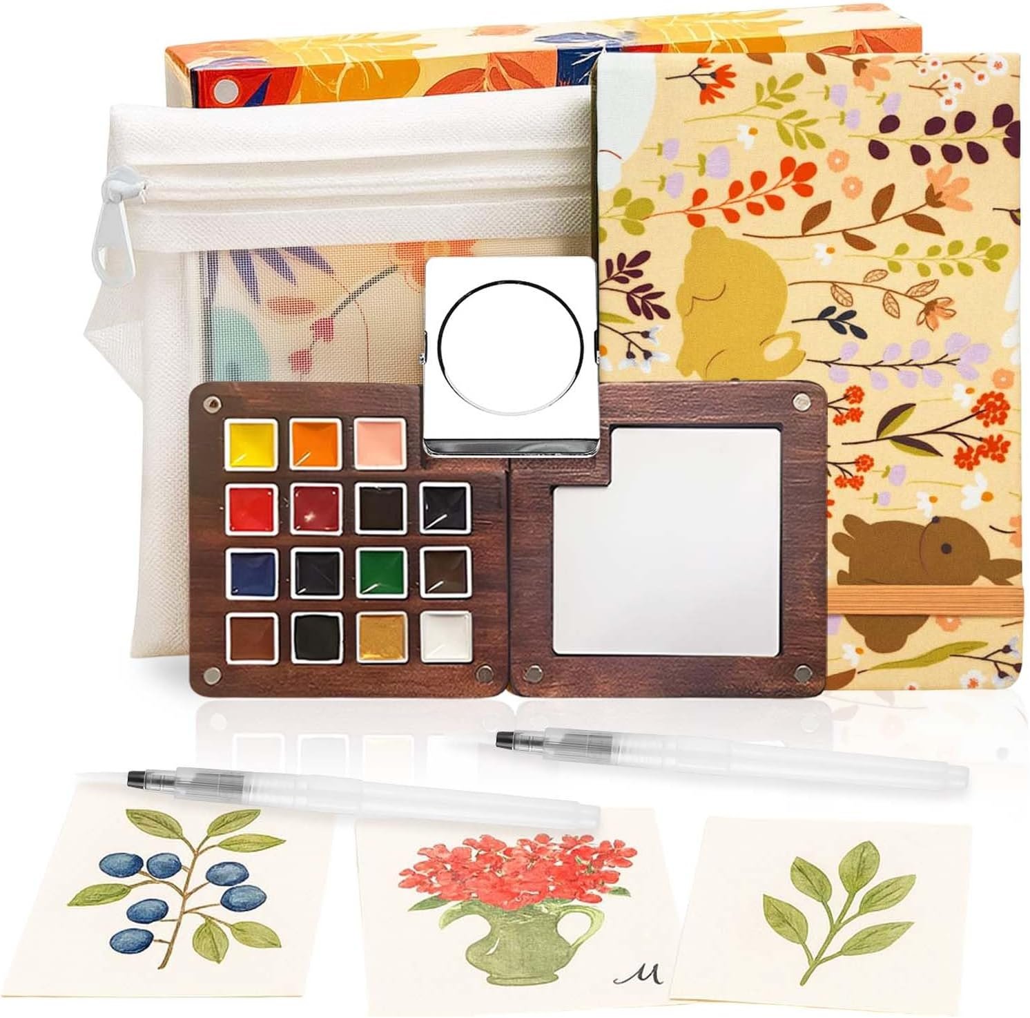 Mini Watercolor Paint Set – 15 Color Travel Watercolor Kit, Pocket Watercolor Paint Palette Set with Watercolor Book, Binder Clips, Pens, Storage Bag, Wooden Paint Box for Painters Artists Student