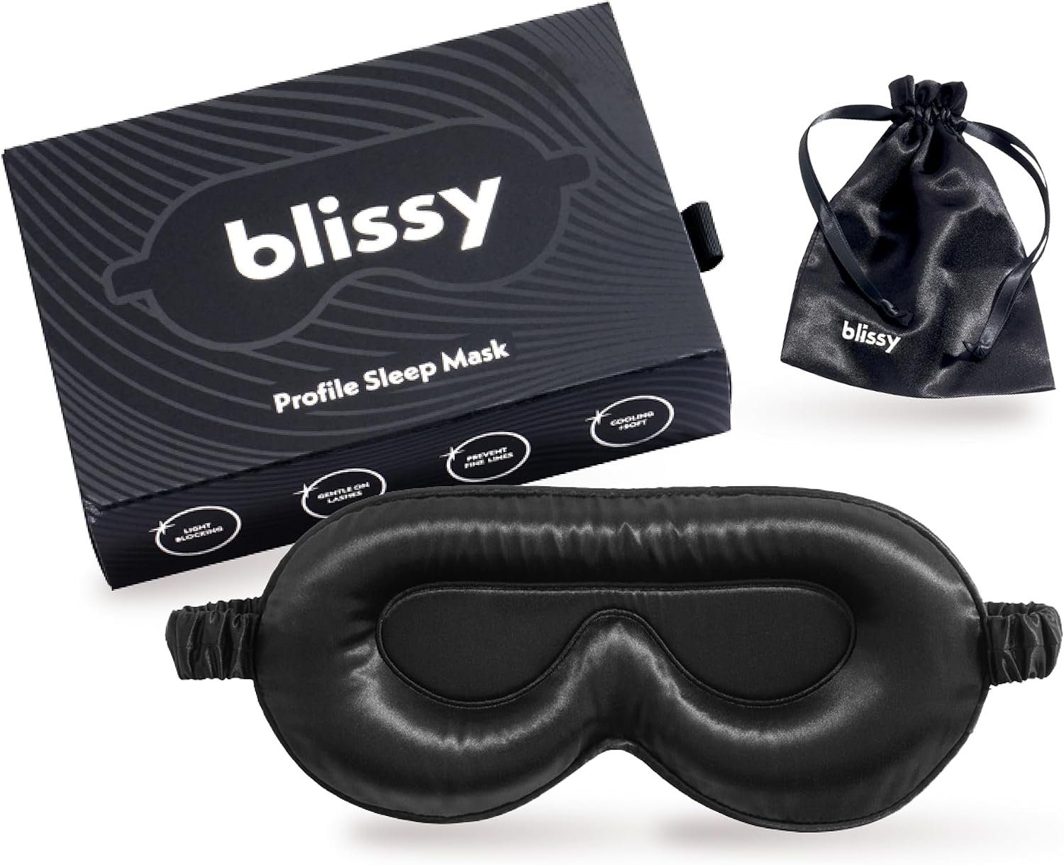 Blissy Silk Sleep Mask Profile – 100% Pure Mulberry Silk 22 Momme 6A Fibers Silk Eye Sleeping Mask for Women & Men for Total Blackout – Blindfold Silk Sleep Mask Side Sleeper Eye Cover (Black)