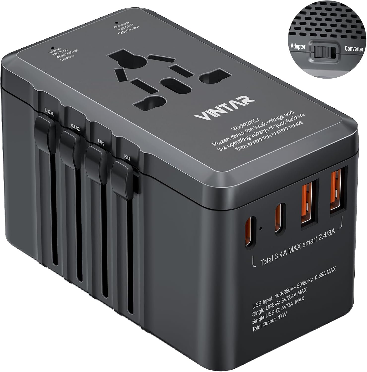 VINTAR 2000W 220V to 110V Travel Voltage Converter for US EU UK AUS, Black