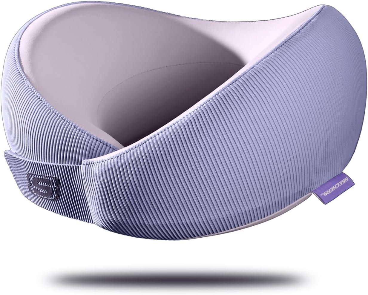 Skechers Memory Foam Neck Pillow, Comfortable & Breathable Travel Pillow,Neck Pillow Airplane for Travel, Car Rides, Home, and Office Use, Ergonomic Design for Men and Women,Purple