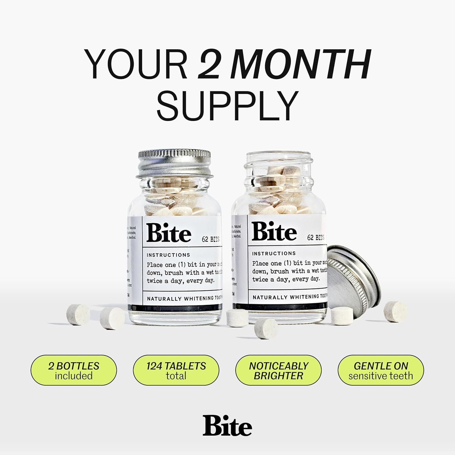 Bite Whitening Toothpaste Tablets – 2 Months – Fluoride Free, Nano Hydroxyapatite + Xylitol, Mint – Vegan, Cruelty-Free, Made in USA, Sensitive Teeth, Travel Size, Adults, Kids, (2 Bottles, 124 Tabs)