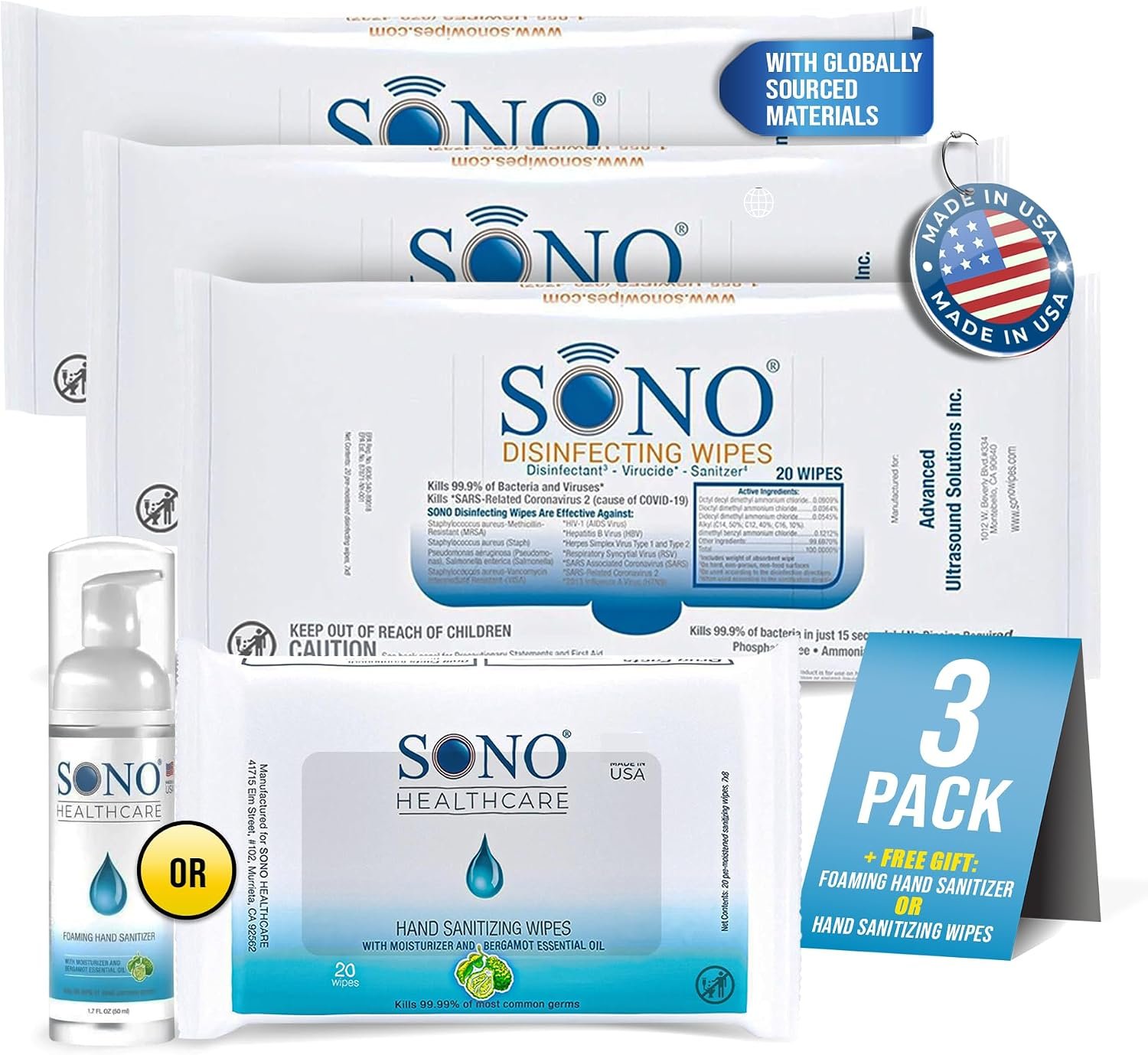 SONO Disinfecting Wipes – 60 Count (Pack of 3) + Sanitizer, Travel Size, Alcohol-Free, No Bleach, Medical-Grade, Multi-Surface Cleaning for School, Office, and On-The-Go