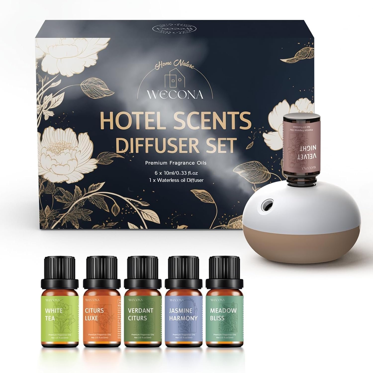 Waterless Rechargeable Waterless Diffuser – Hotel Collection Diffuser Set with 6 Hotel Essential Oils – Two Intensity Modes – Home & Office Fragrance Machine