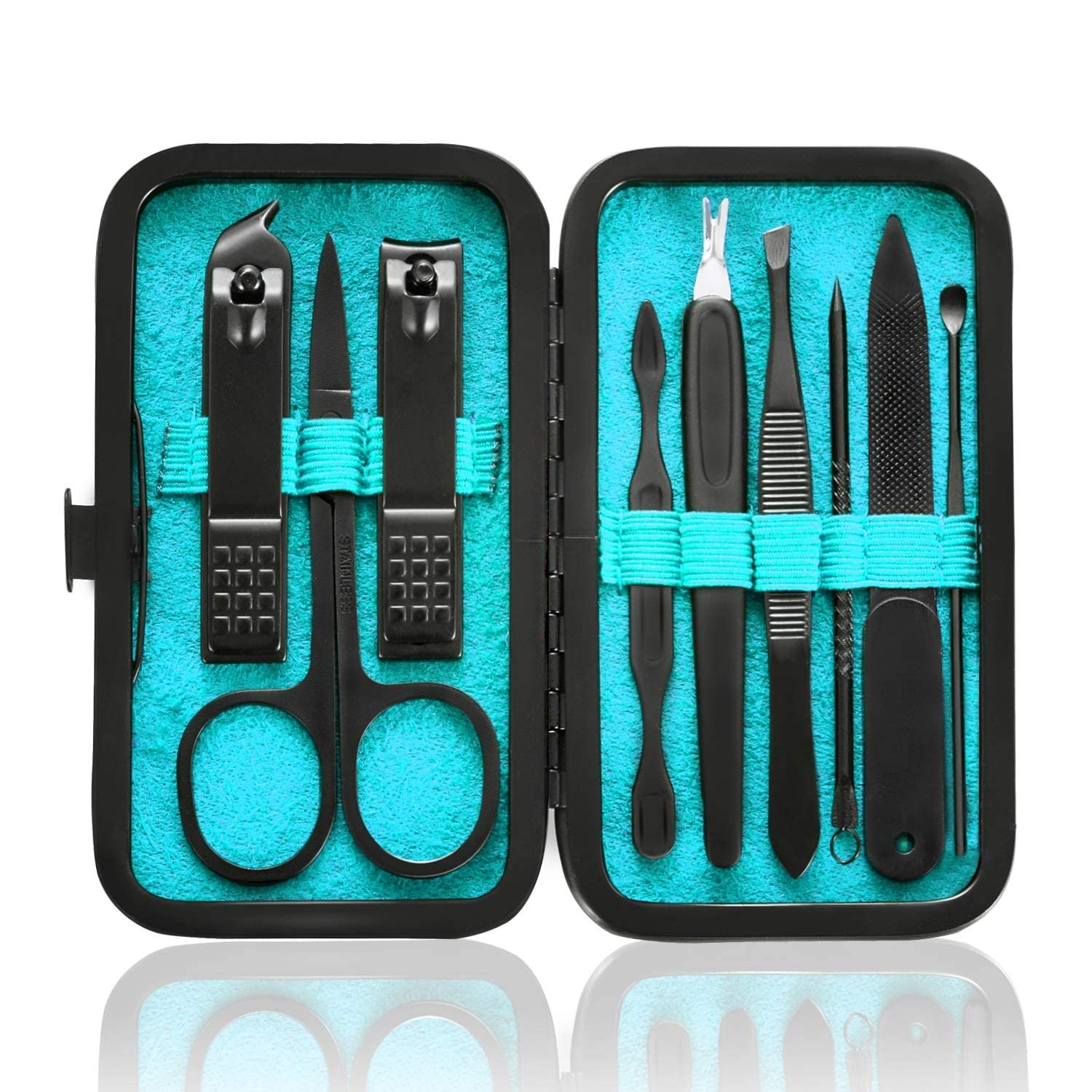 HANTEKAS Manicure Set 9 in 1 Stainless Steel, Nail Clippers Scissors Pedicure Tools Kit – Portable Travel Grooming Kit for Men and Women with Black/Blue Leather Case (Blue)