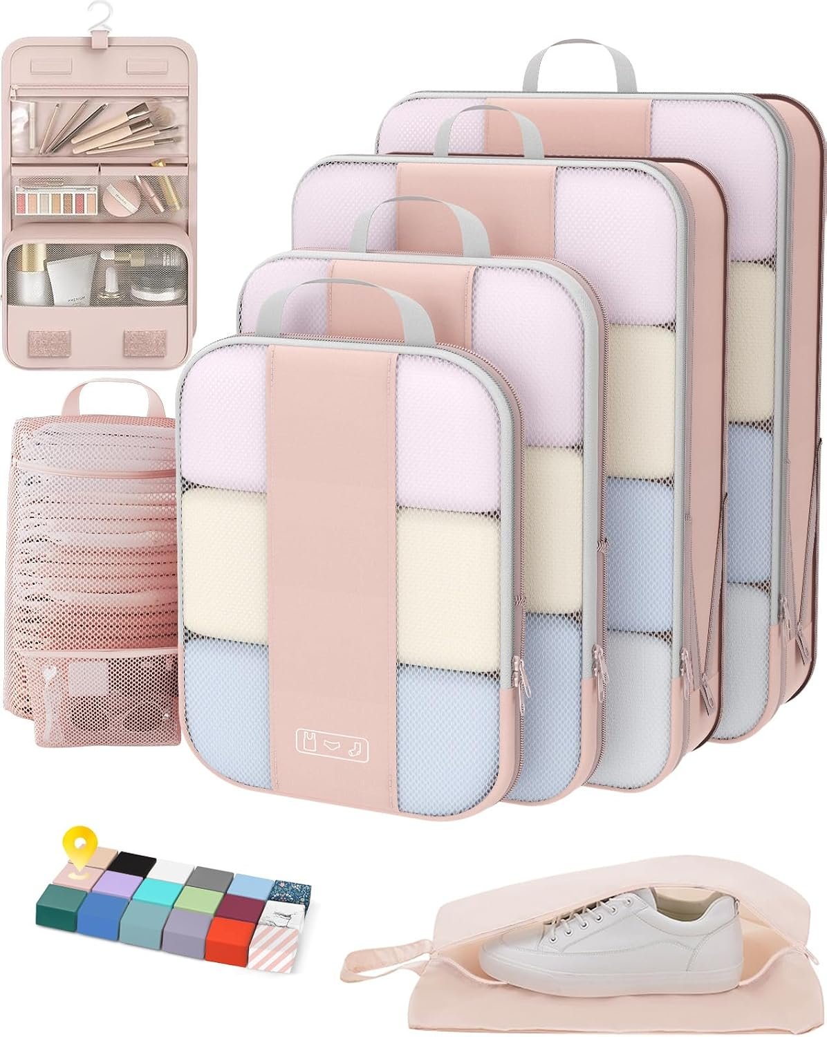 OlarHike 8 Set Compression Packing Cubes for Travel Gifts Mom Women,Airplane/Car/Cruise Travel Essentials,Compressible Expandable Space Saver Bags,Garment Bags with Over 1000 pcs Mesh Holes(Beige)