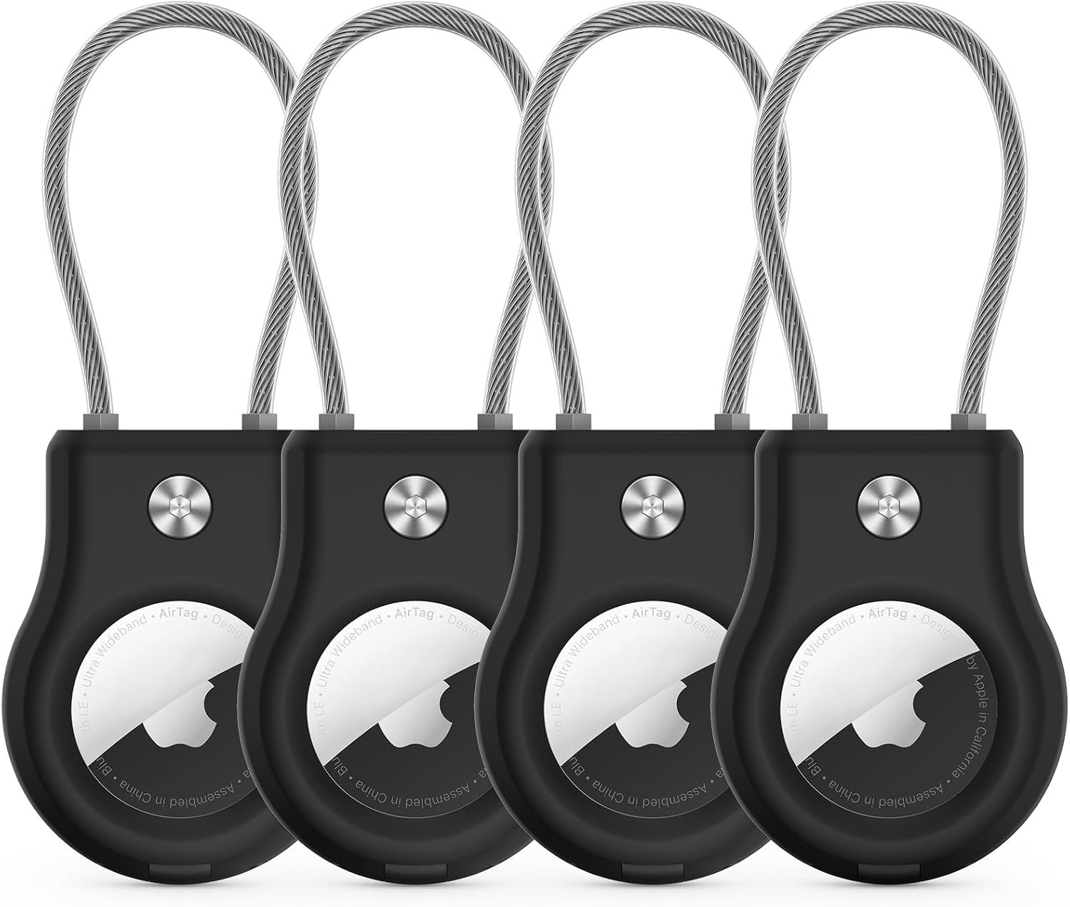 Air Tag Holder – (4 Pack) Air tag Lock Keychain with Wire Cable Compatible with Apple AirTag,Ultra Durable Anti-Lost Protective Case with Keyring for Luggage, Key, Backpack, Pet, Bag, Black
