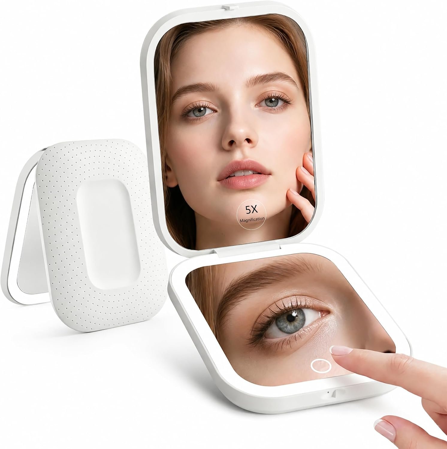Compact Mirror,Rechargeable 5X Magnifying Mirror with 3 Lighting Modes & Dimmable Brightness | 3.6-Inch 2-Sided Portable Travel Makeup Mirror for Purse and Handbag Lighted Pocket Mirror