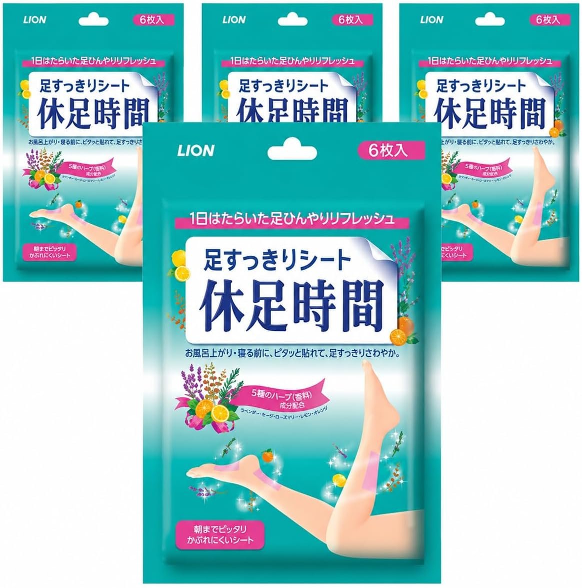 Japanese Cooling Calf Patches, 24 Count (6 Sheets x 4 Packs), 휴족시간 Herbal Fragrance – Refreshing Gel Sheet Patches for Tired Legs & Feet, Ideal After Sports, Heels, Standing, 2 in 1 deep Cleansing