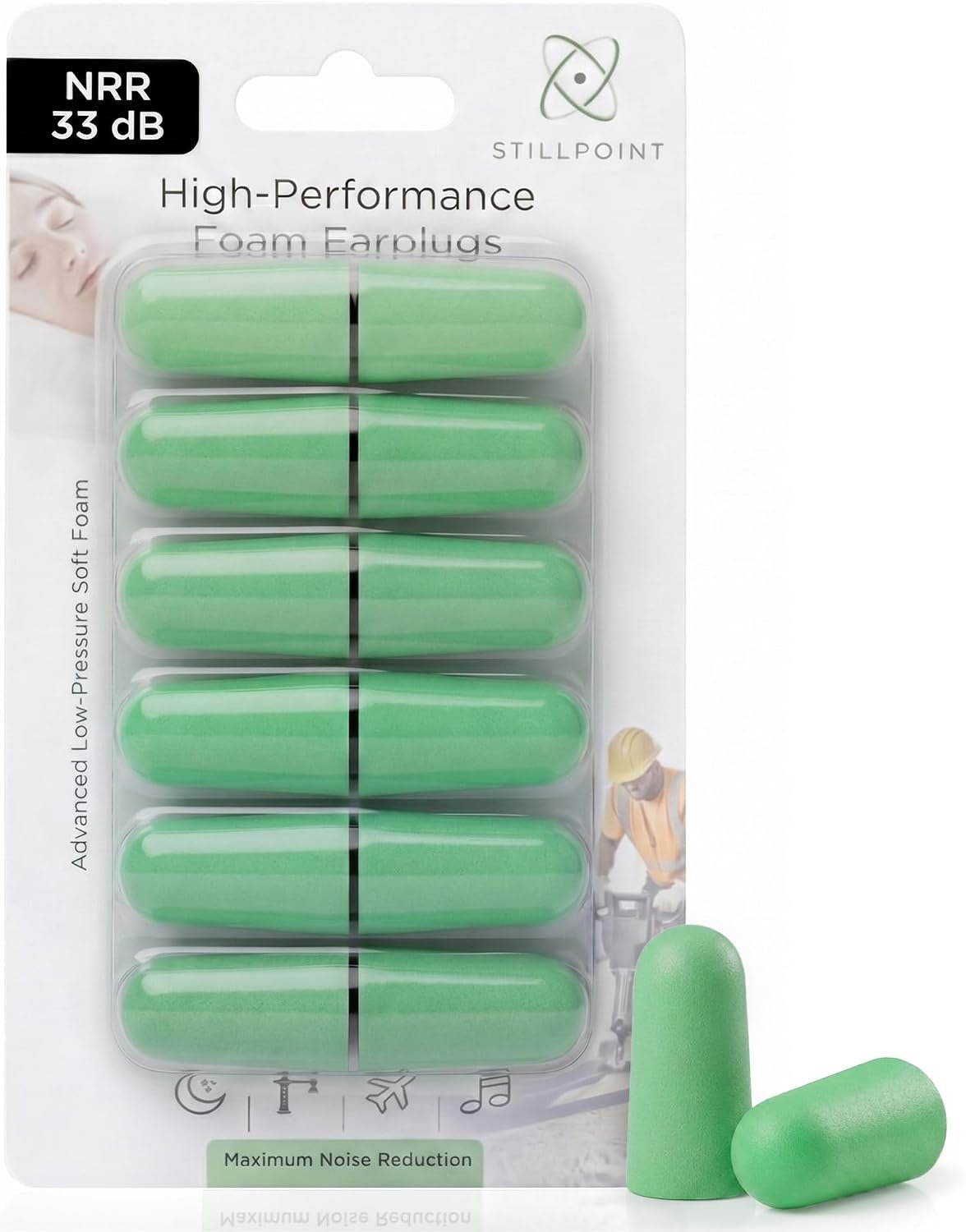 Soft Foam Earplugs, 33 dB NRR, (6 Pair 12 Ear Plugs) Maximum Protection for Sleeping; Silence Snoring, Airplanes, Airports, Power Tools, Phone Conversations, Loud Work Environments (Green)