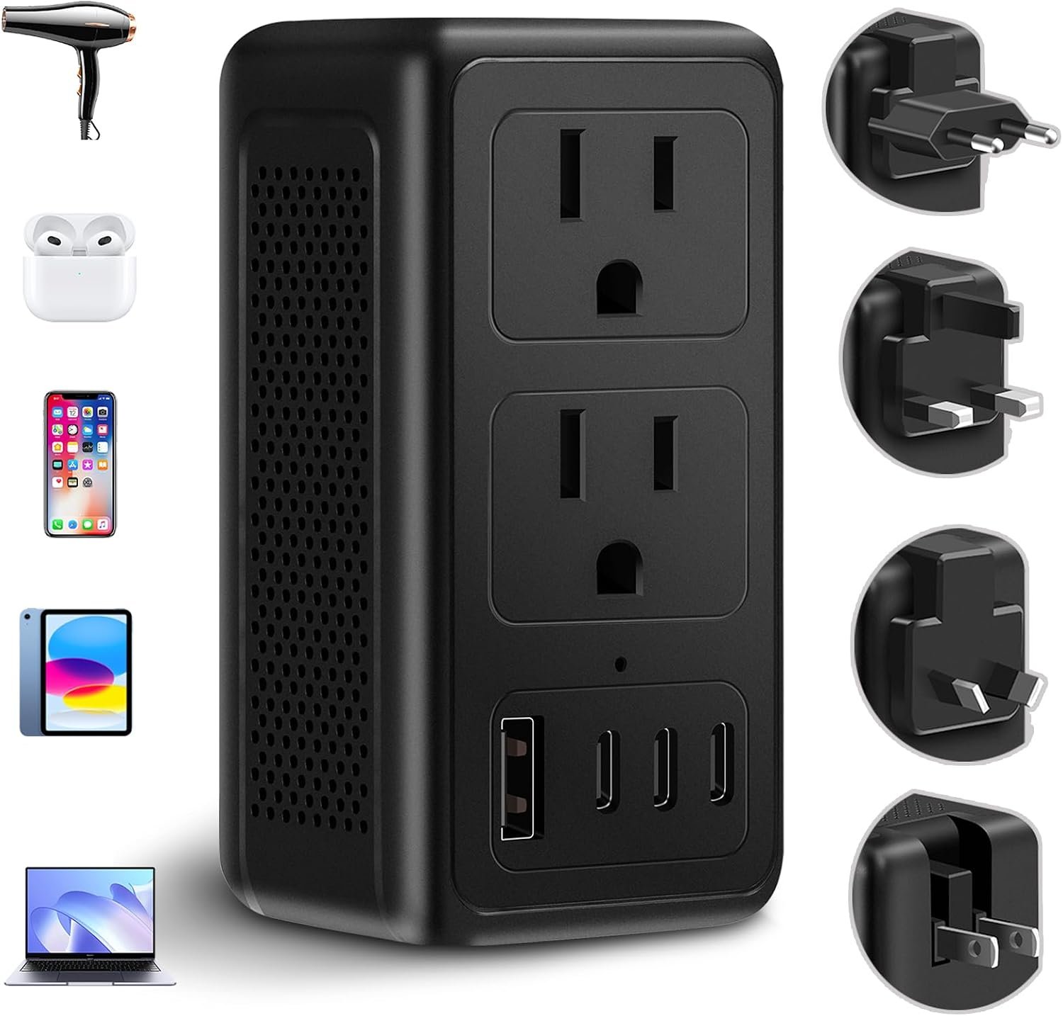 2000W 220V to 110V Converter, Voltage Converter US to Europe for Hair Dryer with 1 USB A 3 USB C, European Travel Plug Adapter Power Converter Adapter Combo from US to EU UK AU (Black)