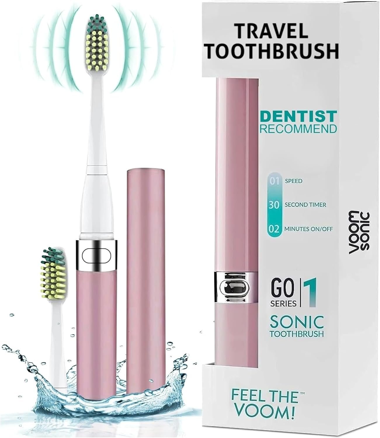 Voom Sonic Electric Toothbrush for Adults – Go 1 Series (Metallic Rose) – 2 Speed – 22,000 Strokes/Minute w/AAA Battery – Bathroom Essentials & Travel Essentials