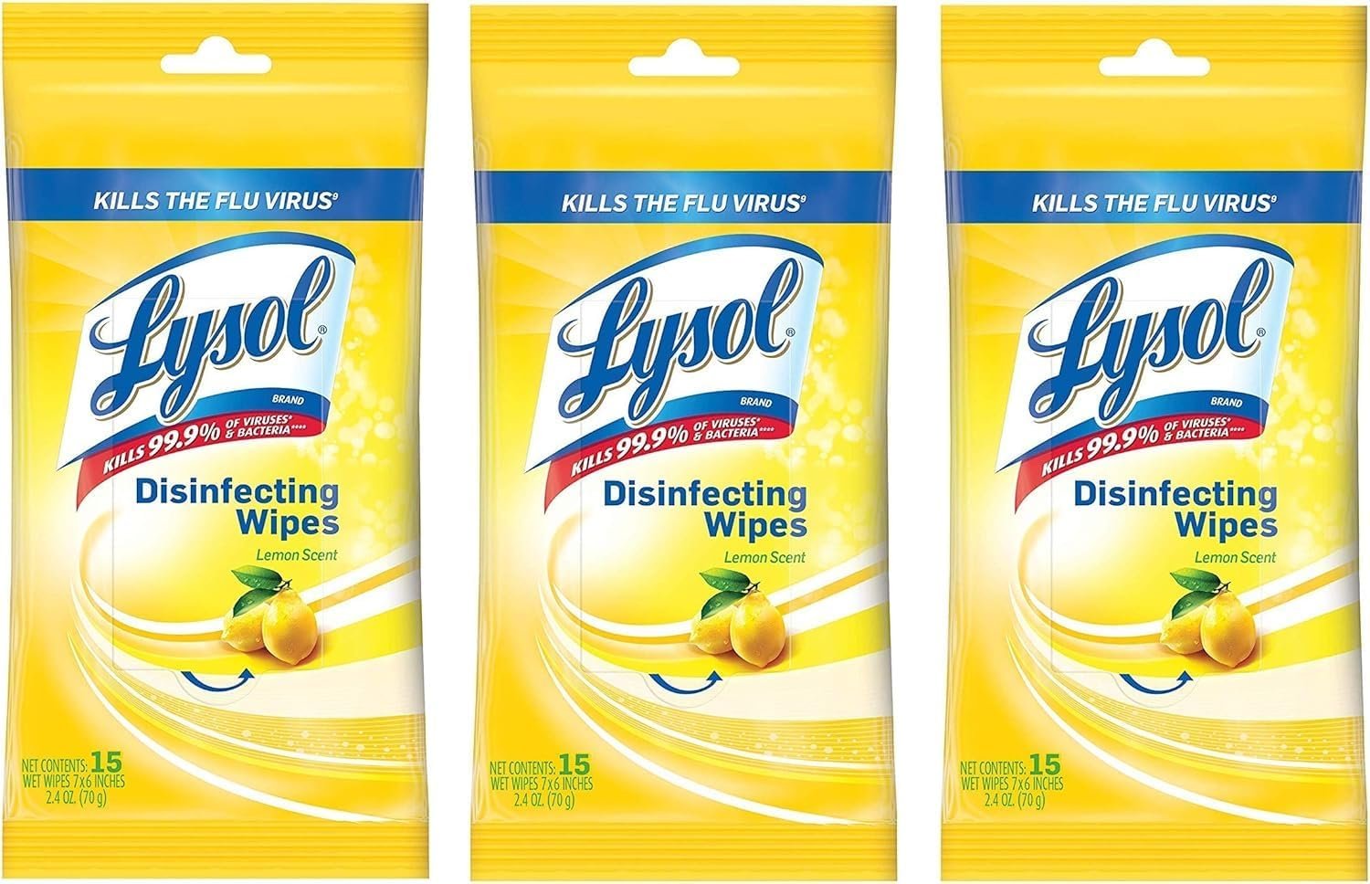 Lysol Disinfecting Wipes To-Go Pack, Lemon Scent, 15 Count (Pack of 3)