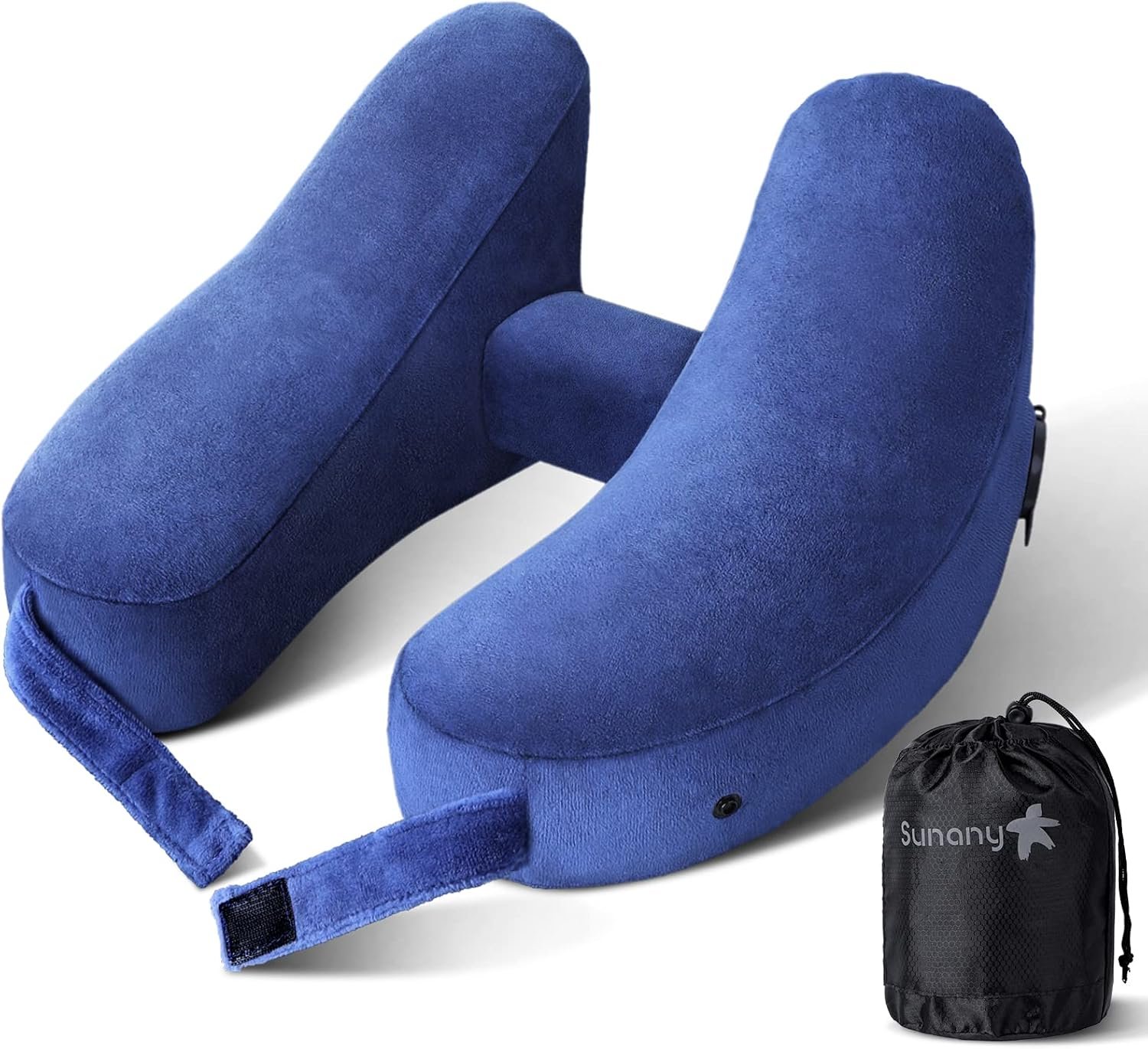 Sunany Travel Neck Pillow for Airplane Pillow Comfortably Supports Head, Neck and Chin, Inflatable Travel Pillow with Soft Velour Cover and Portable Drawstring Bag (Blue, H-Shape)