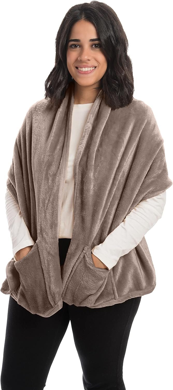 Mintra Home Wearable Microfiber Shawl – Soft and Warm Fleece Wrap with Convenient Pockets, Cozy and Trendy Winter Coverup