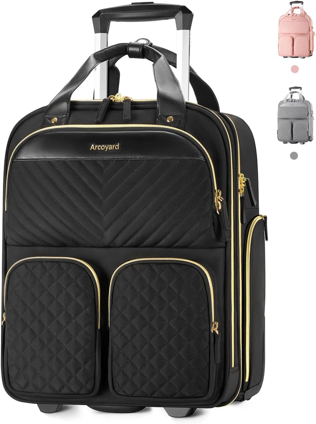 Arcoyard Underseat Carry On Luggage with Wheels, Multiple Compartments Airline Approved Personal Item Bag, Travel Carry-On with Leather Handle, Lightweight Rolling Suitcase for Women, Black Gold, L