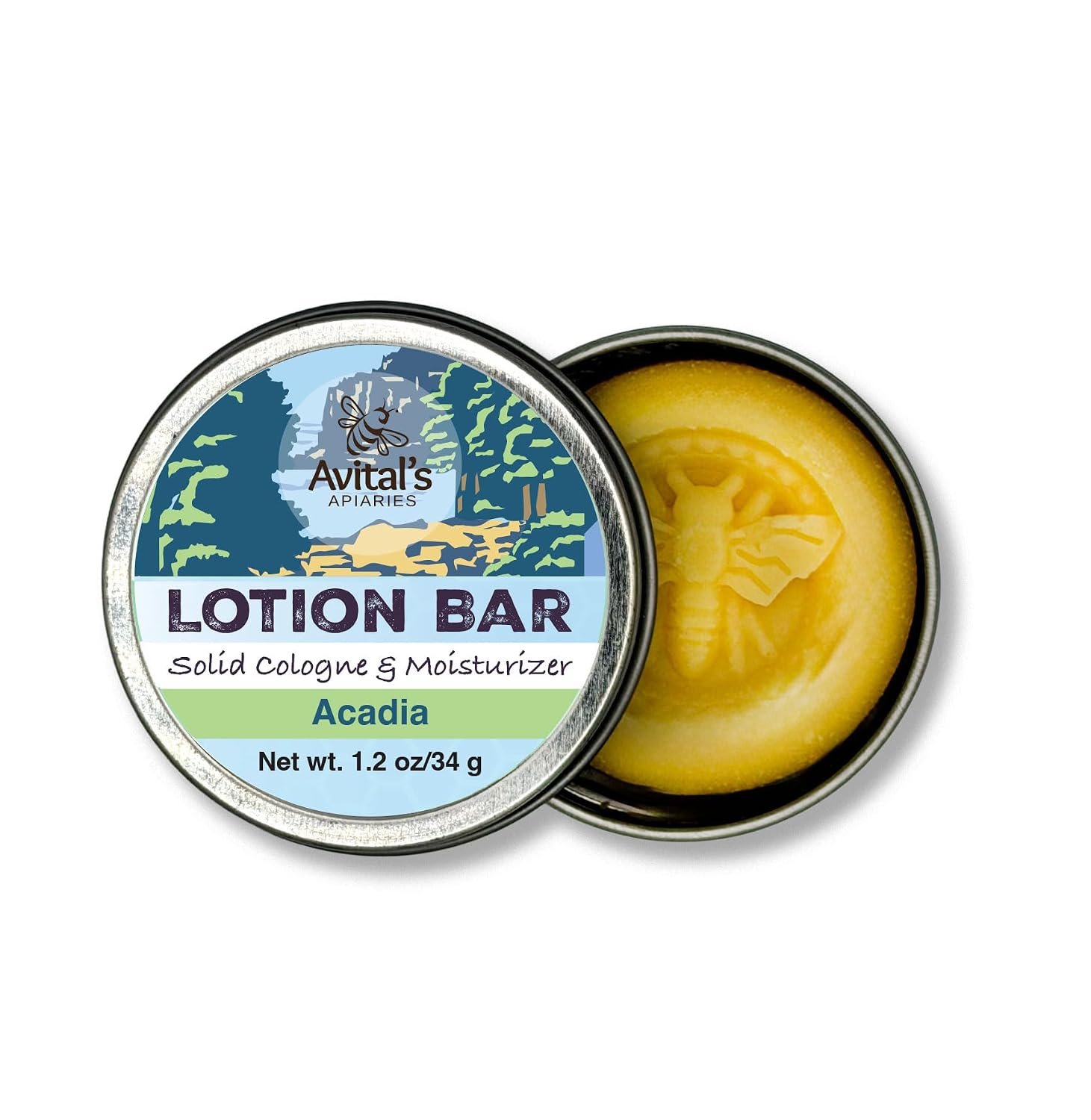 Avital’s Apiaries 1.2 oz Acadia Beeswax Lotion Bar – Coastal Sea Air & Spruce Scent – Solid Natural Moisturizer for Dry Skin – Shea & Mango Butter – Plastic-Free Travel Lotion