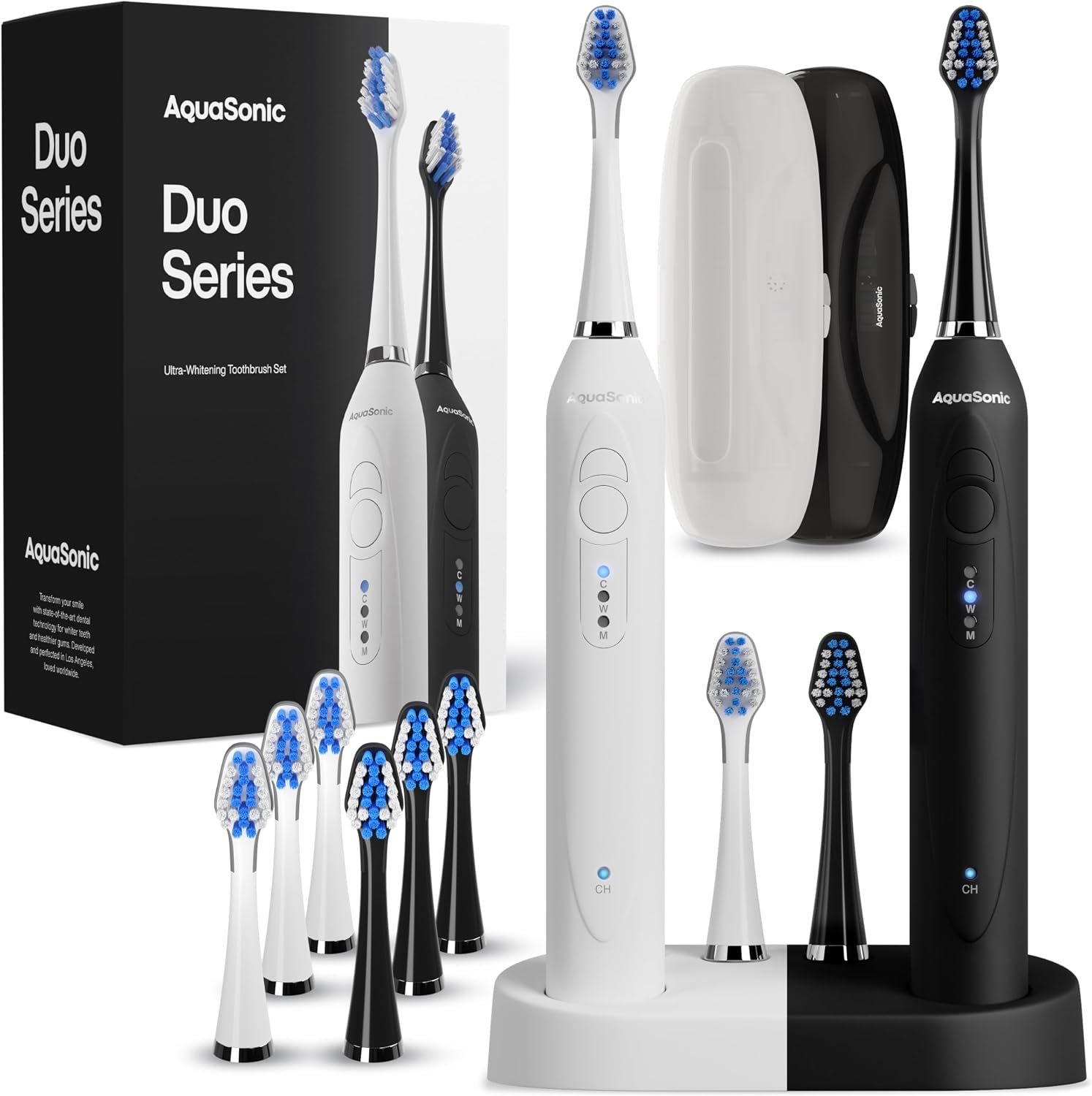 Aquasonic Duo – Dual Handle Ultra Whitening 40,000 VPM Wireless Charging Electric ToothBrushes – 3 Modes with Smart Timers – 10 Dupont Brush Heads & 2 Travel Cases Included