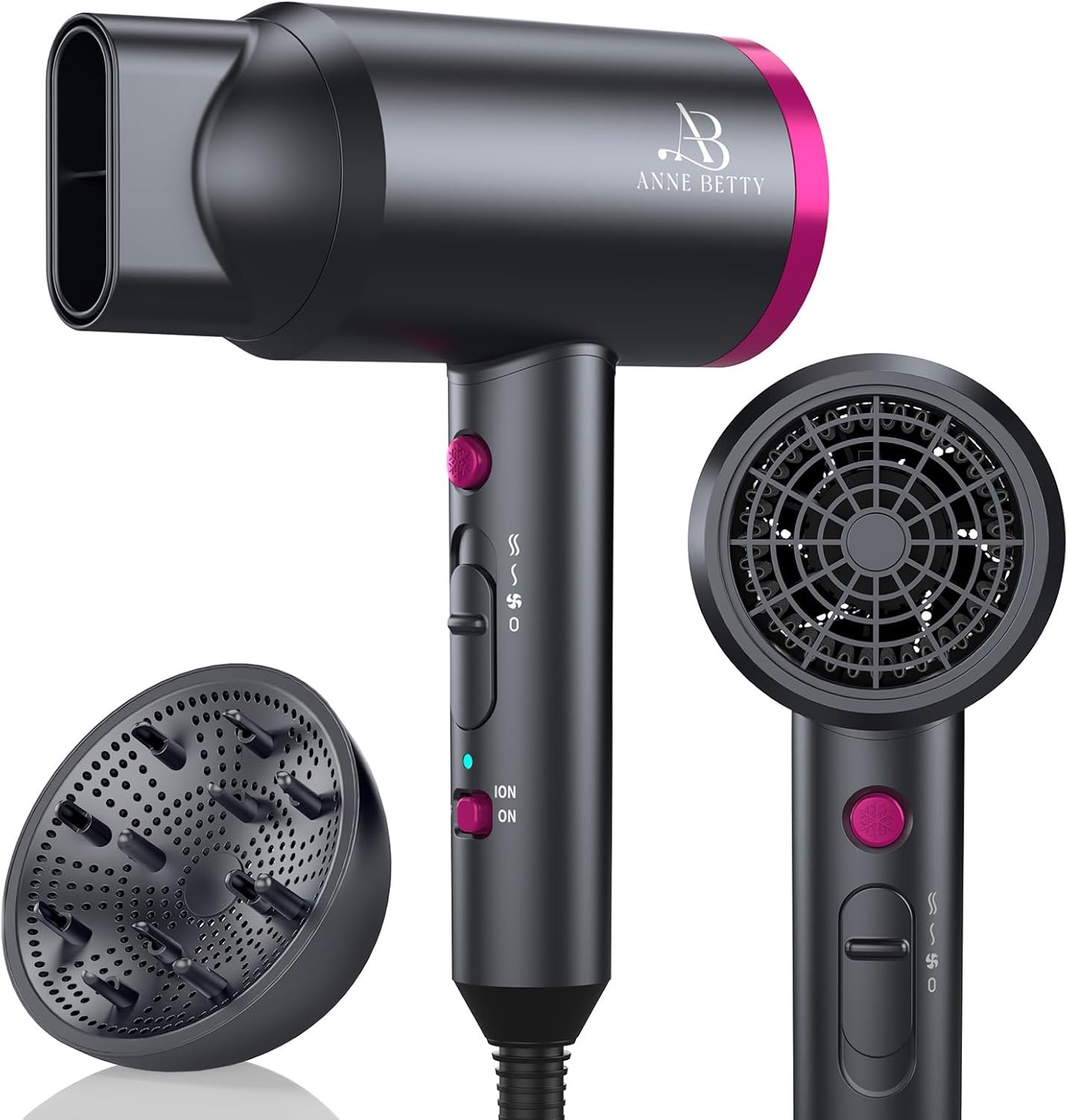ANNE BETTY Ionic Hair Dryer with Diffuser, Powerful Blow Dryer for Women & Men, Fast-Drying Hair Dryer with Nozzle for Home, Salon, Travel
