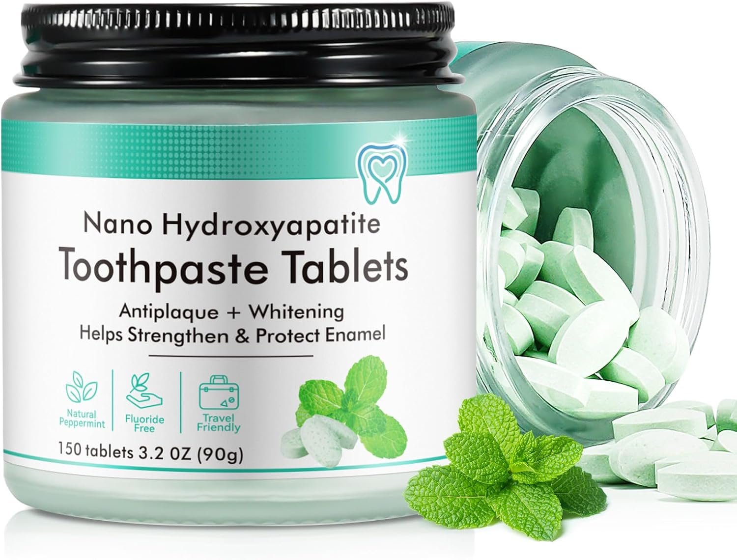 Toothpaste Tablets 150P, Nano Hydroxyapatite Toothpaste Tablets, Chewable Toothpaste Tablets for Sensitive Teeth, Strengthen & Protect Enamel, Fluoride-Free, Fresh Breath, Peppermint