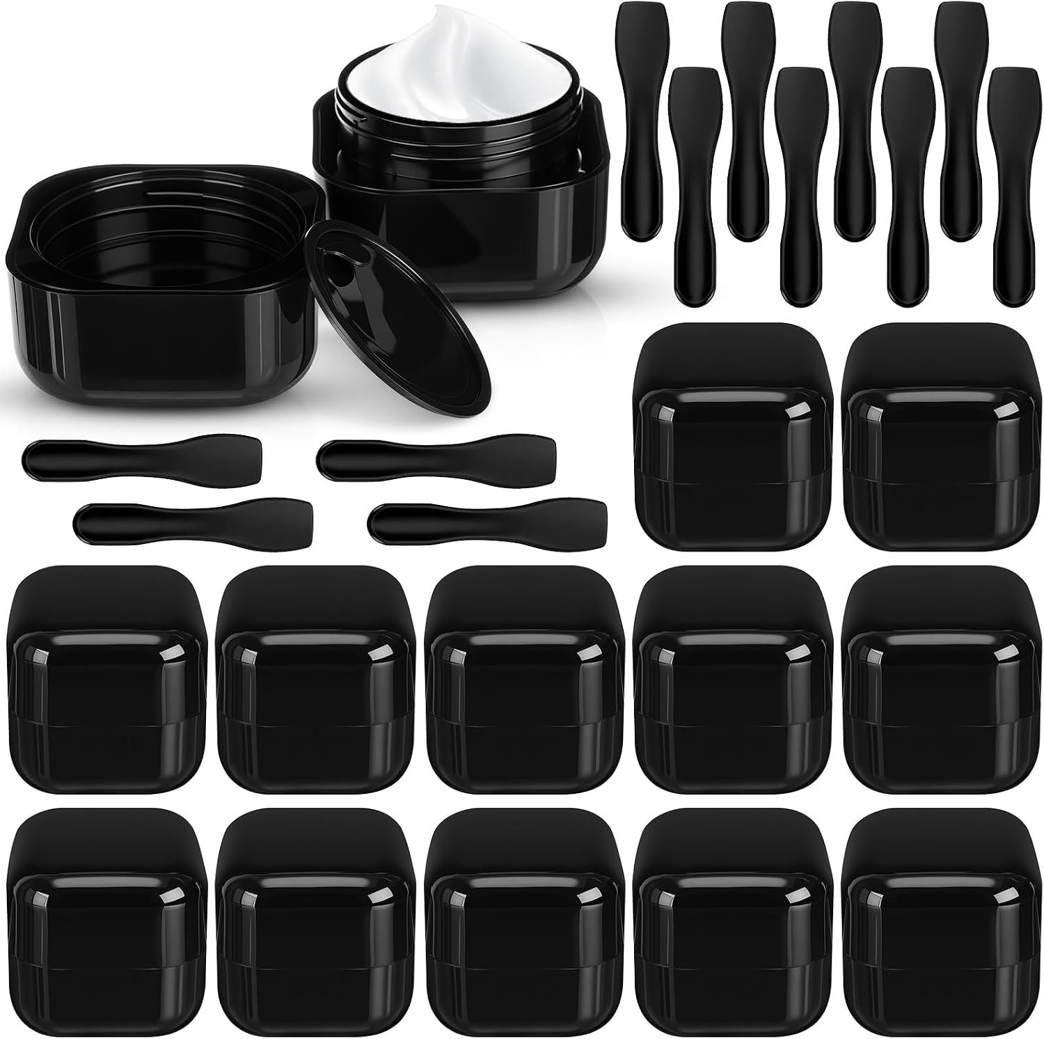 Meanplan 12 Pack 1oz Plastic Black Jars Wide Mouth with Lids & Spatulas