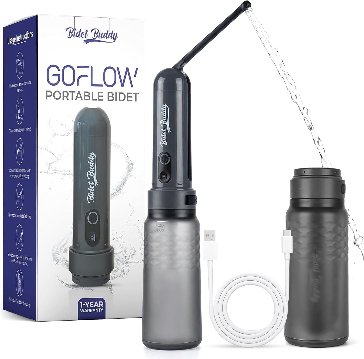 BIDET BUDDY® GoFlow Portable Bidet for Travel – 320mL Bottle Obsidian Drift