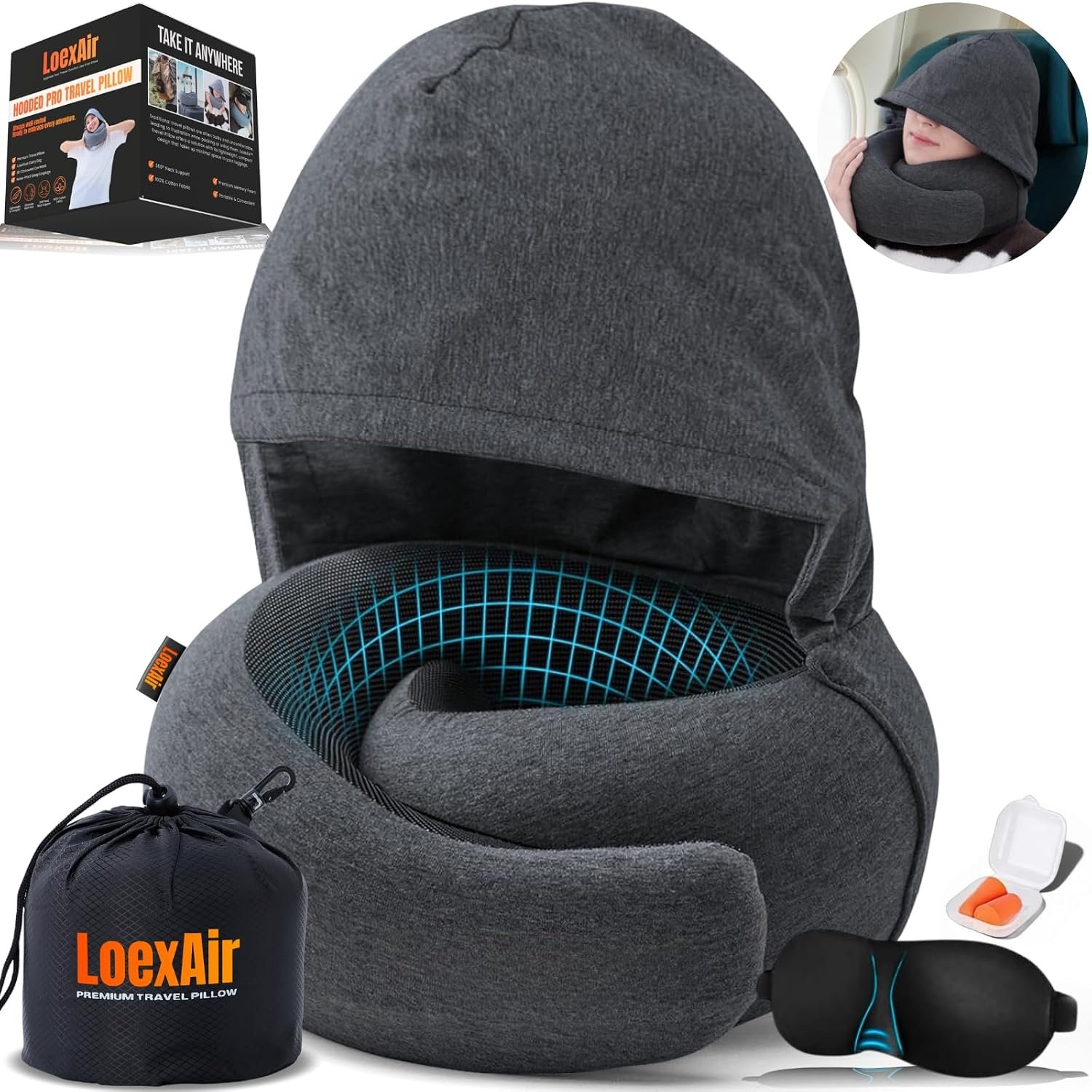 LOEXAIR™ Hooded Pro Travel Pillow – Memory Foam Neck Support Pillow for Airplane, Flight – Super-Soft Pure Cotton Fabric, Maximum Privacy & Light-Block Design, Lightweight Full Travel Kit – Dark Grey