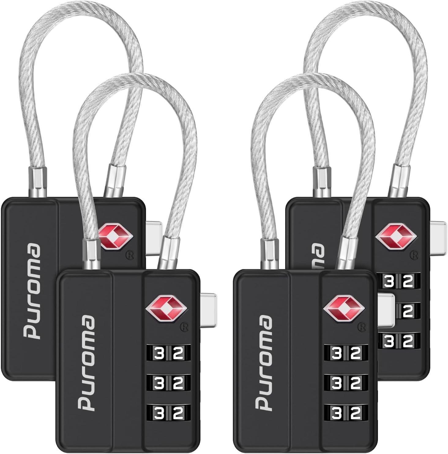 Puroma 4 Pack TSA Locks for Luggage Lightweight 4-Digit Code Padlock Black