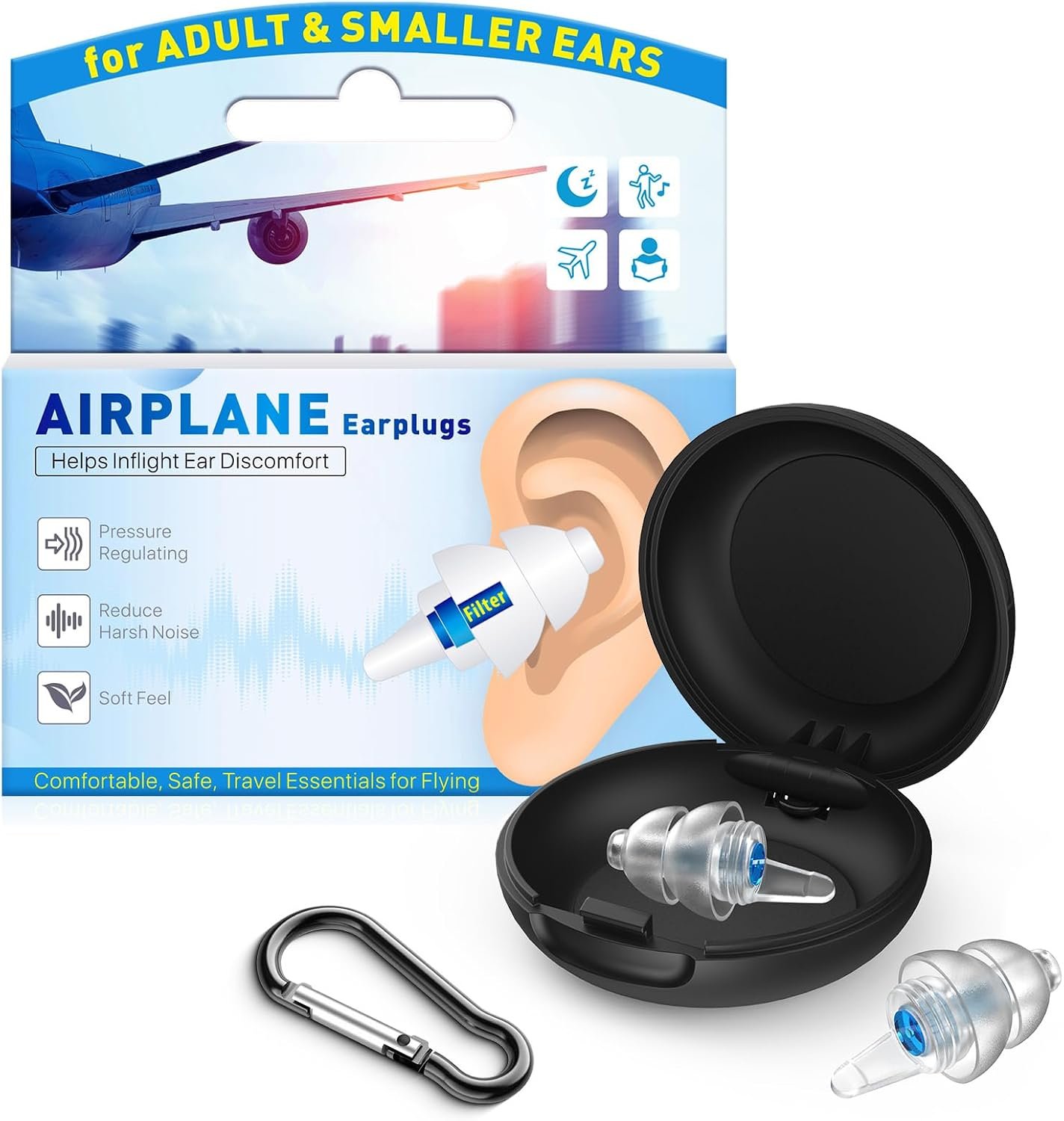 Ear Plugs for Airplane Pressure Relief & Prevent Ear Pain – Flying Travel Essentials – Comfortable Reusable Plane Earplugs for Adults/Teens 12+ with Small Ear-canals, 25dB Noise Reduction