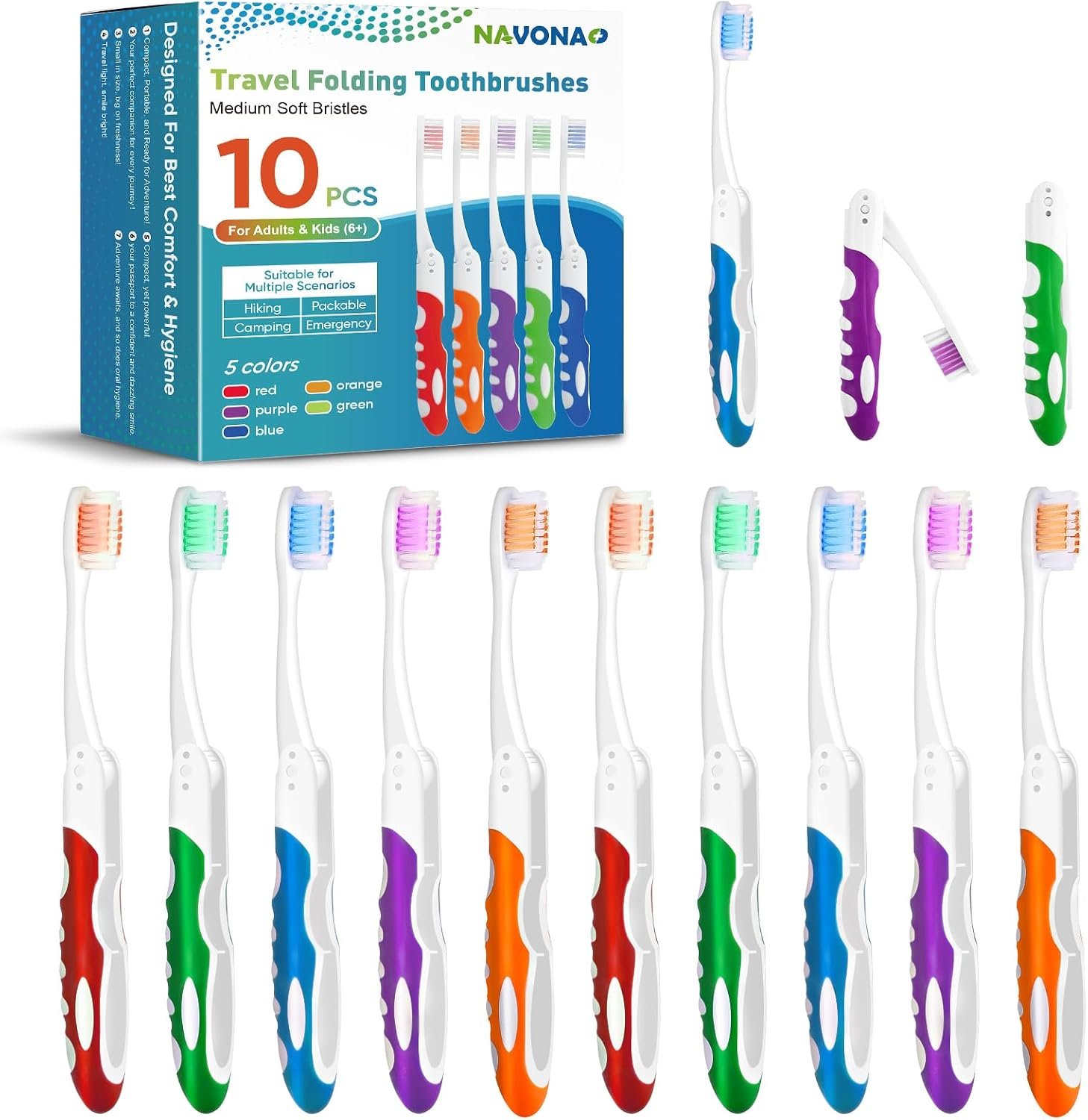 Navona 10 PCS Travel Toothbrush Set, Travel Size Folding Toothbrush