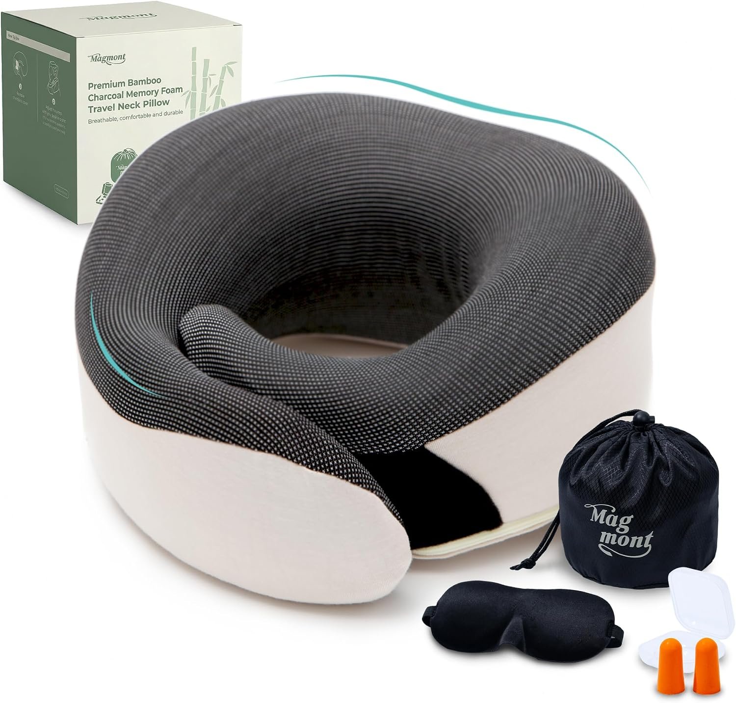 Travel Neck Pillow for Airplanes, Bamboo Charcoal Memory Foam