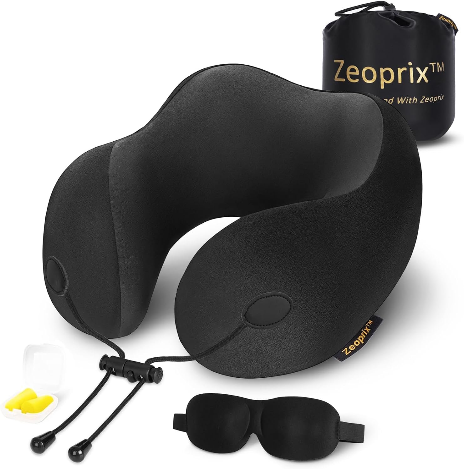 Memory Foam Travel Neck Pillow for Airplane, Neck Support, Black