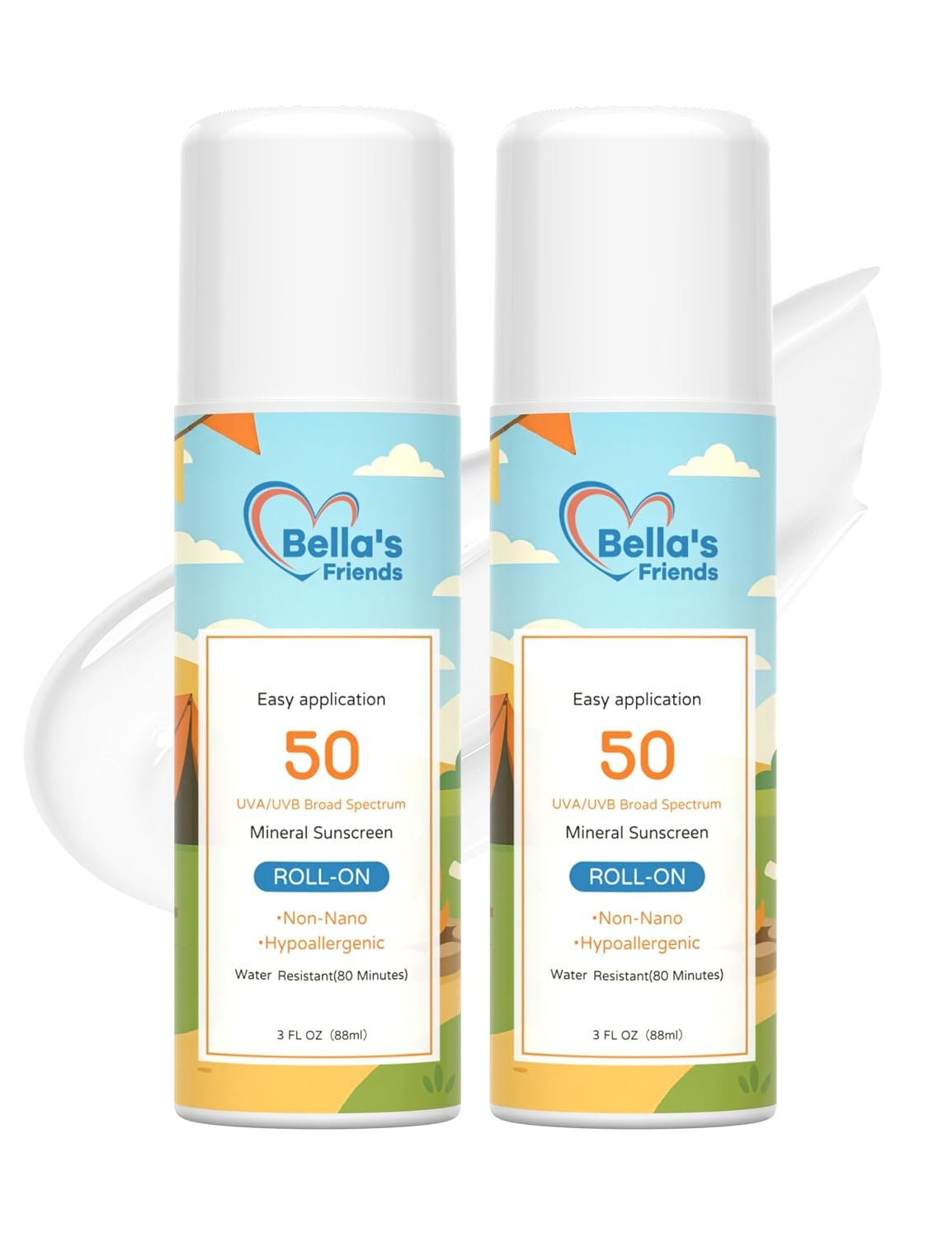 Kids Roll-On Mineral Sunscreen SPF 50 for Face & Body, Natural Sunscreen Lotion Applicator, Travel Size, Reef Safe, Summer Beach Vacation Travel Essentials, 2 Pack
