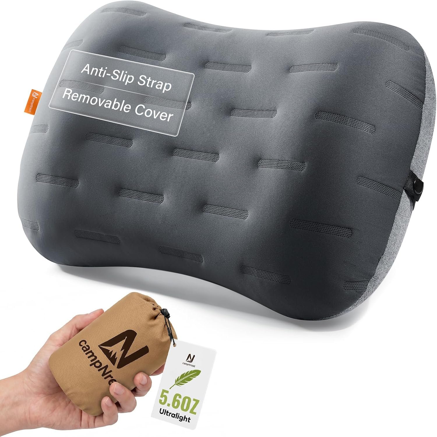 Inflatable Camping Pillow – Ultralight Compact Air Pillow for Travel, Backpacking & Hiking – Ergonomic Neck & Lumbar Support – Portable Inflatable Pillow with Removable Washable Cover – (Grey)