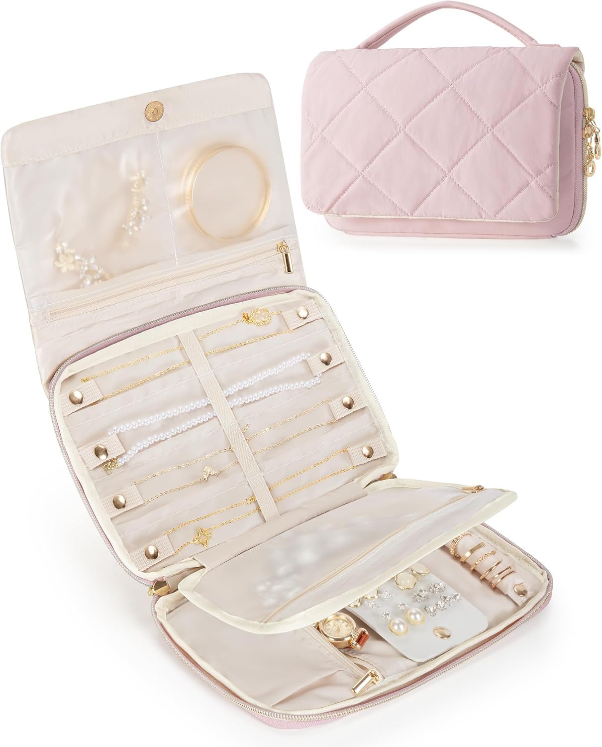 Marscamd Travel Jewelry Organizer Case, Foldable Jewelry Bag, Pink