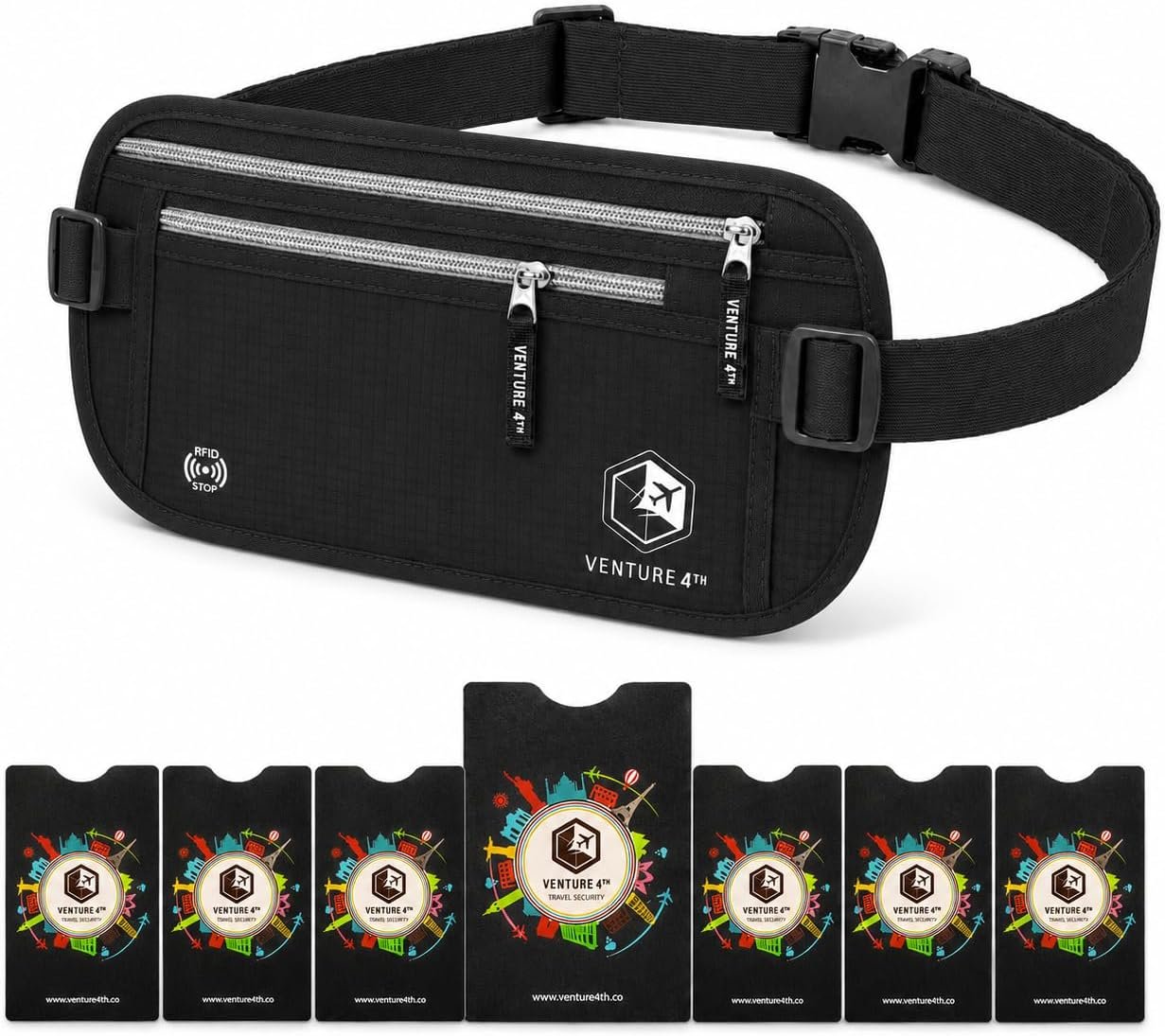 VENTURE 4TH Travel Money Belt with 7 RFID Sleeves – Black