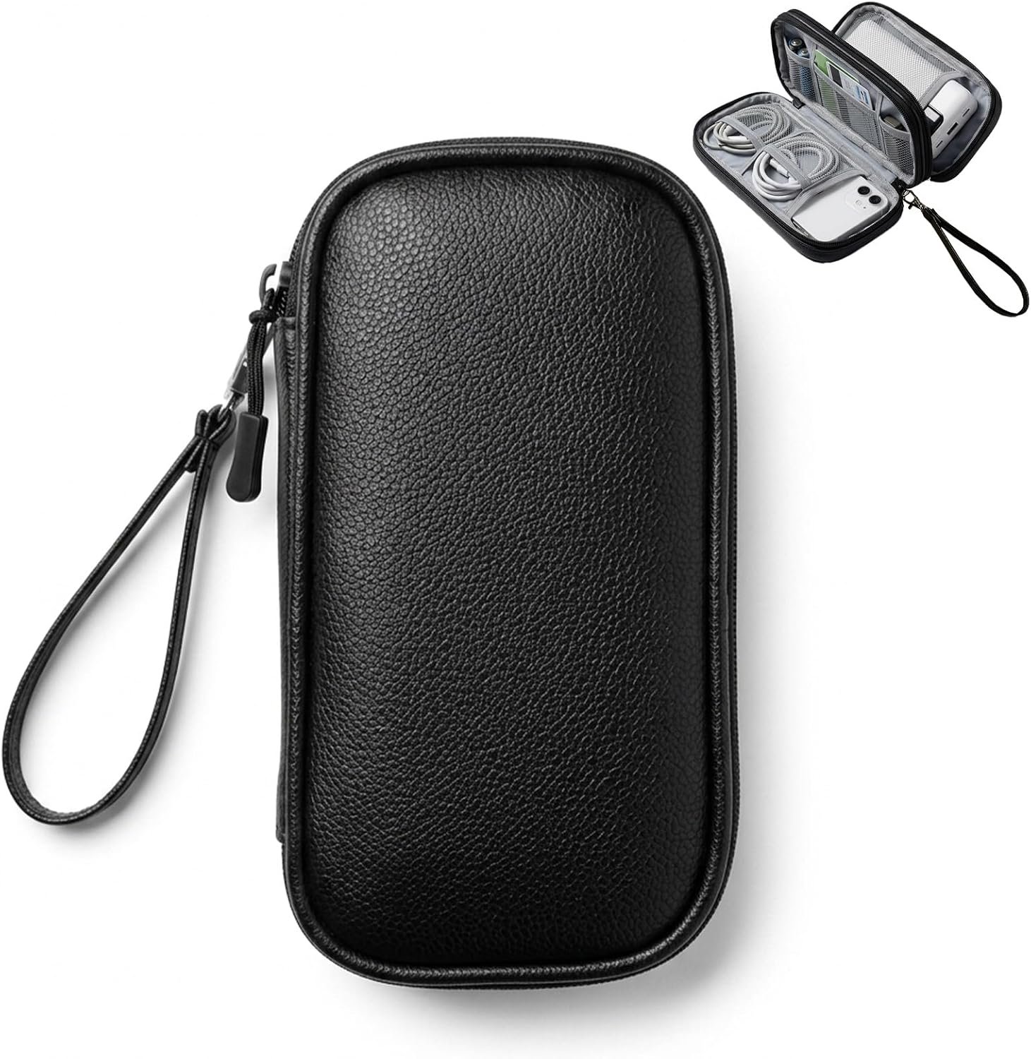 Leather Electronic Organizer Bag, Waterproof Travel Tech Pouch for Cord, Cable, Charger, Phone & Accessories (Black)