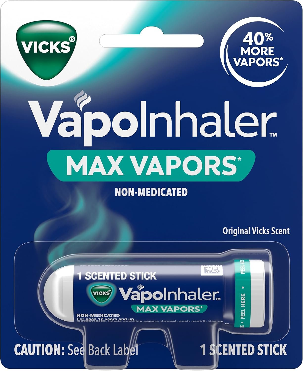 Vicks VapoInhaler MAX, On-the-Go Portable Nasal Inhaler, Non-Medicated, with Refreshing Vicks Vapors, Menthol Scent, 1 Scented Stick
