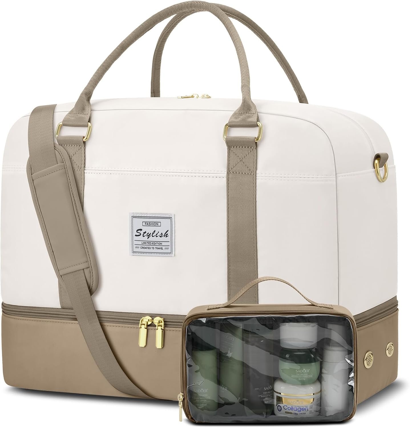 Weekender Travel Duffle Bag for Women: Overnight Bags with Shoe Compartment Carry on Bags for Airplanes with Toiletry Bag Yoga Gym Bag with Wet Pocket Travel Duffel Tote Bag Hospital Bag Khaki Beige