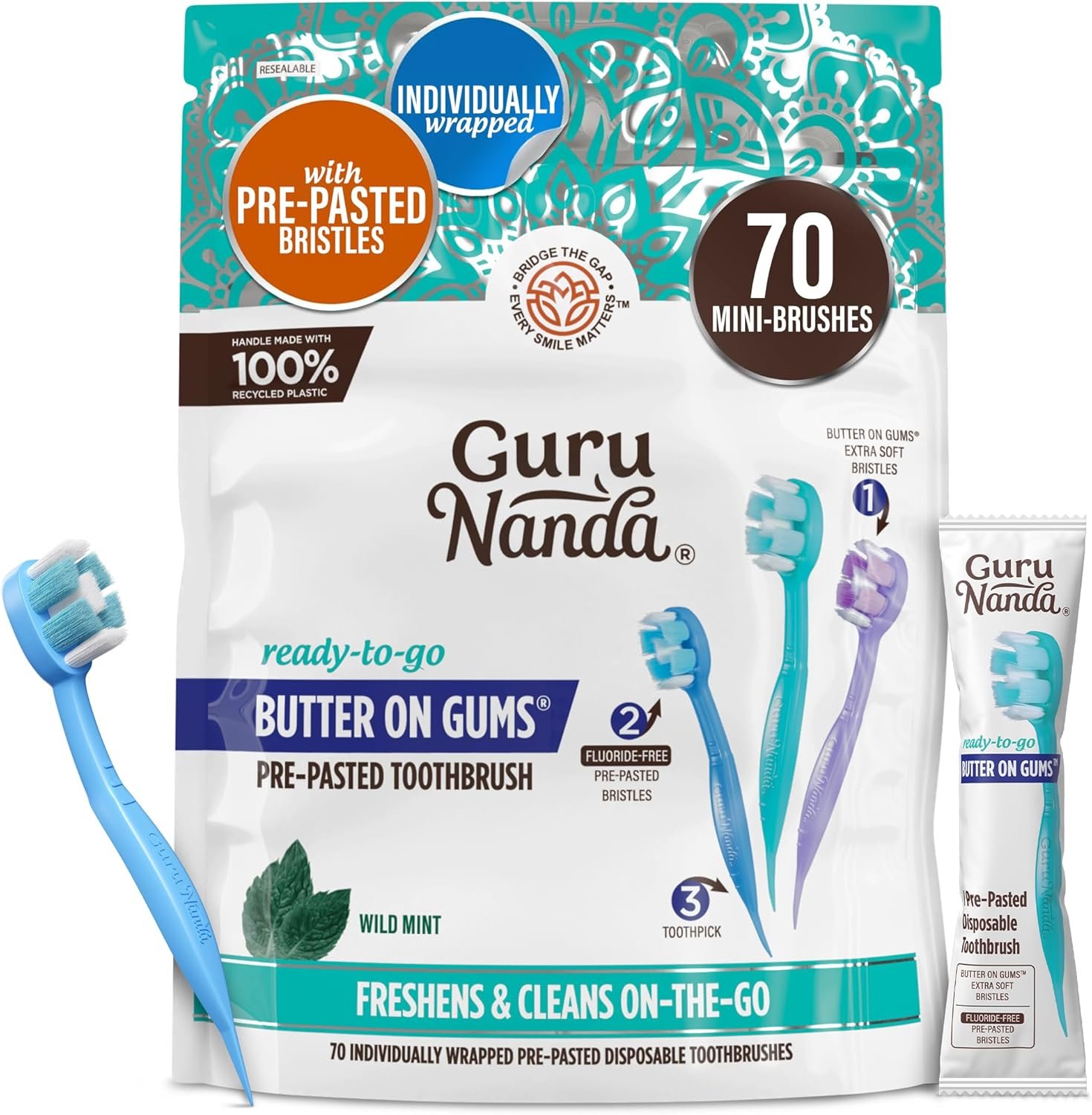 GuruNanda Disposable Travel Toothbrush 1.0, Fluoride Free Toothpaste, 70 ct