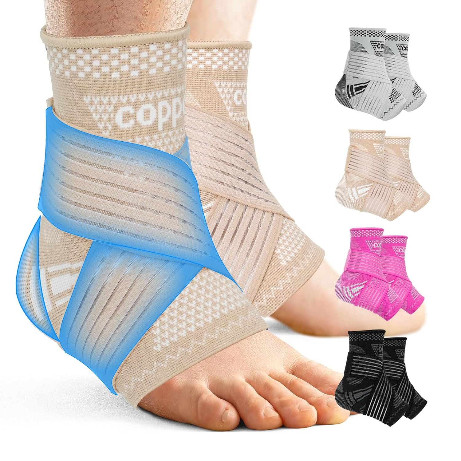 DRNAIETY Copper Ankle Brace for Men & Women – 1 Pair Adjustable Ankle Support Compression Sleeve for Plantar Fasciitis, Achilles Tendonitis, Foot Pain, Swelling, Sprains – Everyday Use (Skin Tone, Large)