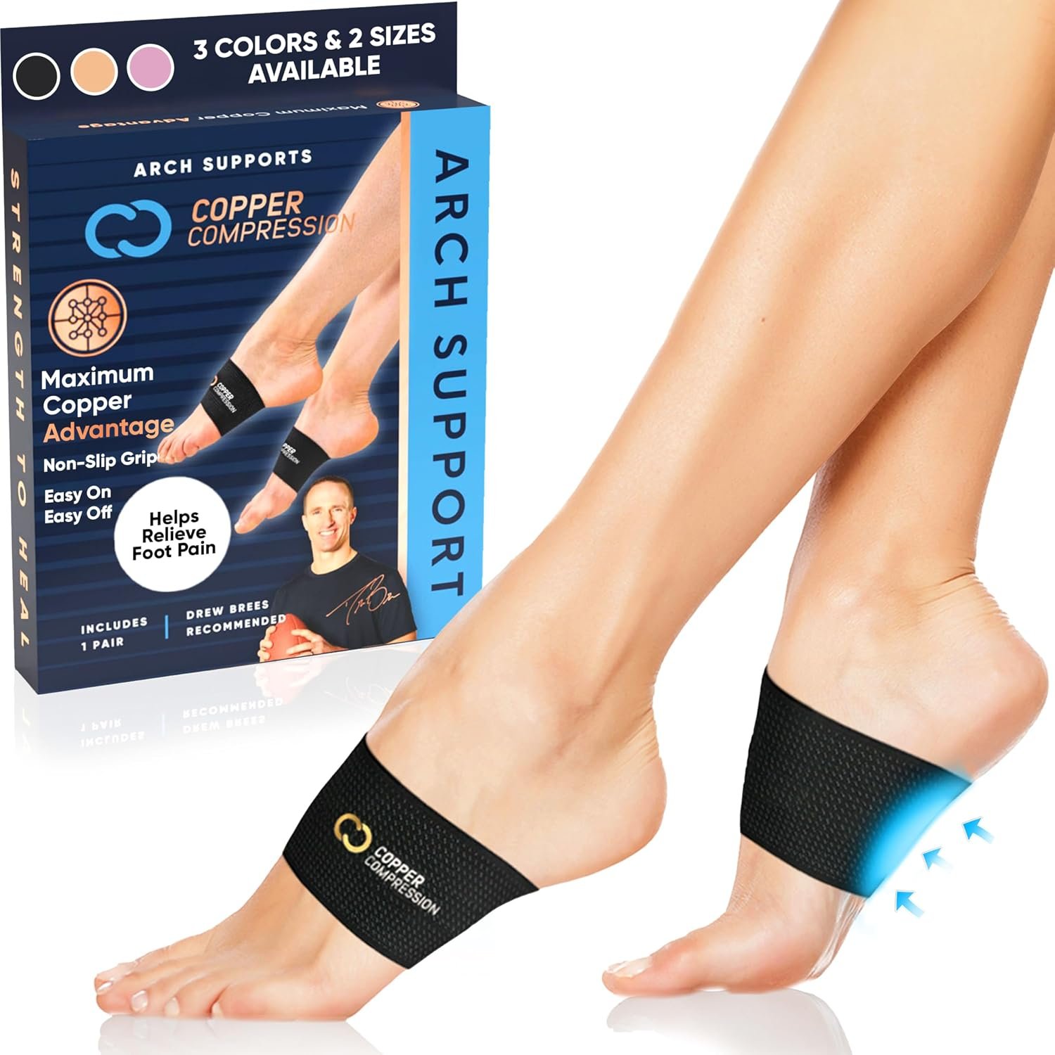 Copper Compression Arch Support Sleeves. Targeted Compression for Plantar Fasciitis Symptoms, Pain, Flat Feet & High Arches. Breathable Support for Men & Women – Black