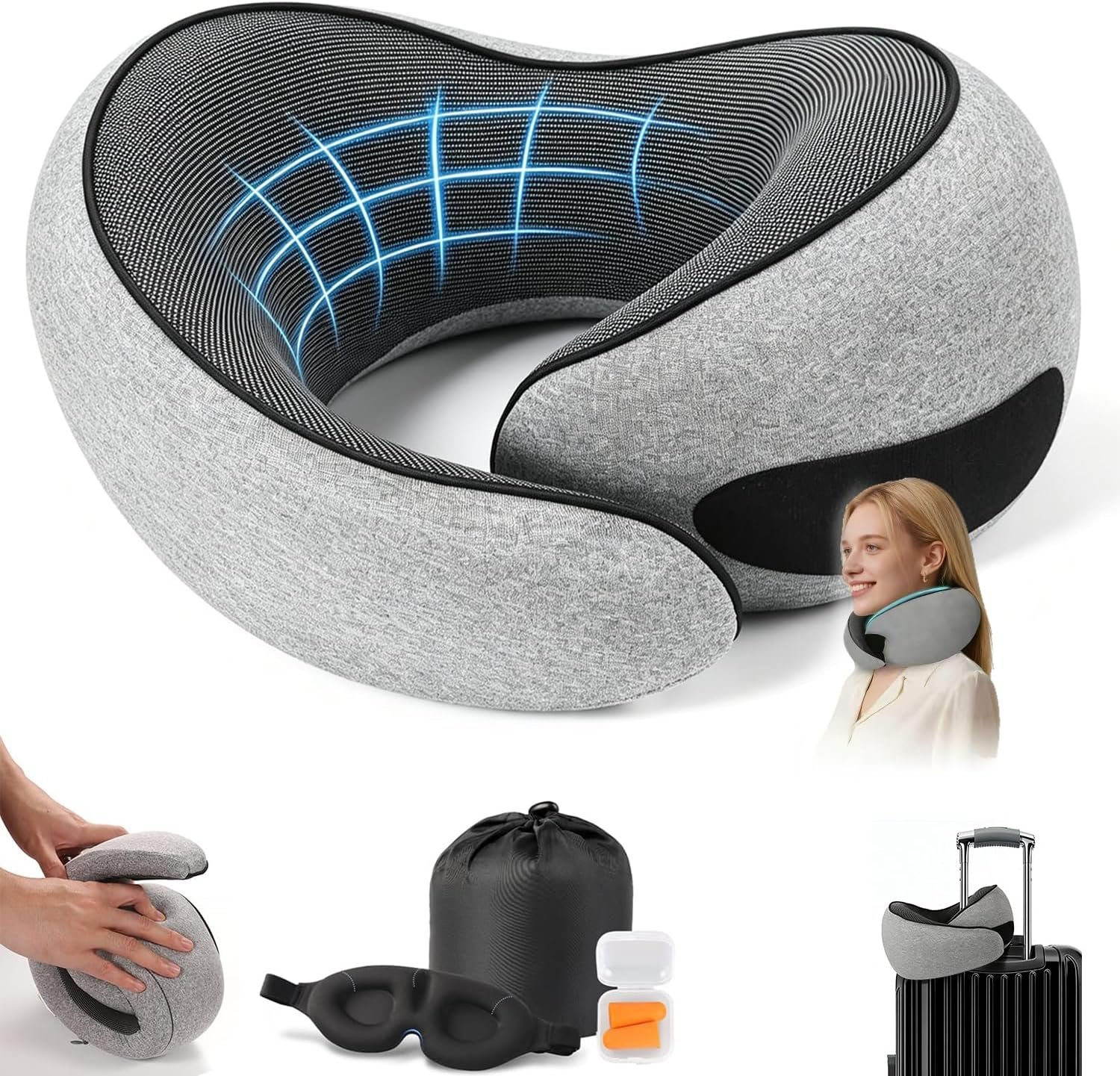 G-Shape Memory Foam Travel Pillow Super Comfort Neck Pillow Airplane 360°Support | Complete Sleep Kit: Eye Mask, Ear Plugs & Carry Bag |Airplane Pillow for Home, Car & Travel(Gray)