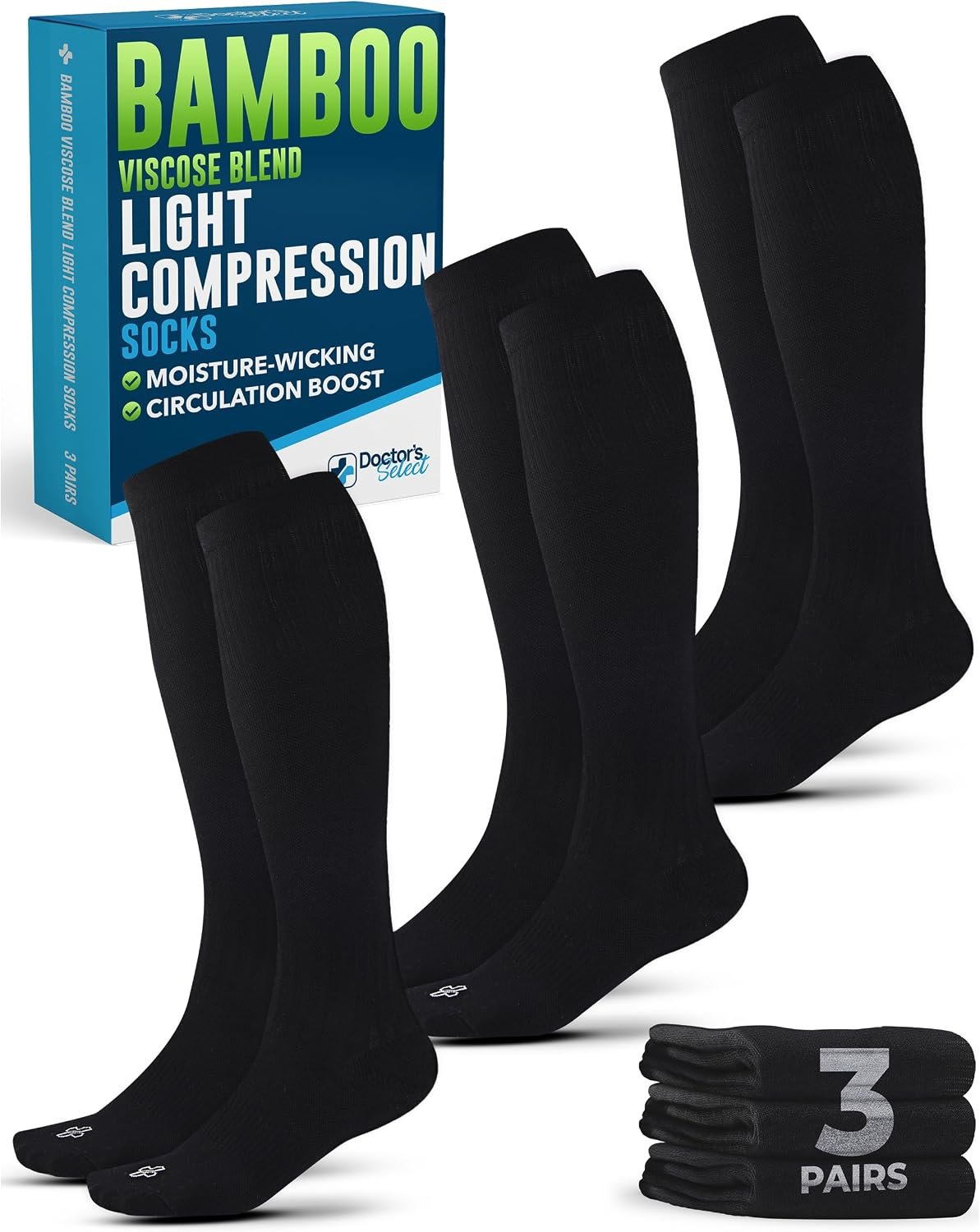 Doctor’s Select® Bamboo Viscose Light Compression Socks for Women & Men – 3 Pairs, 8-15 mmHg Compression Socks, Knee High