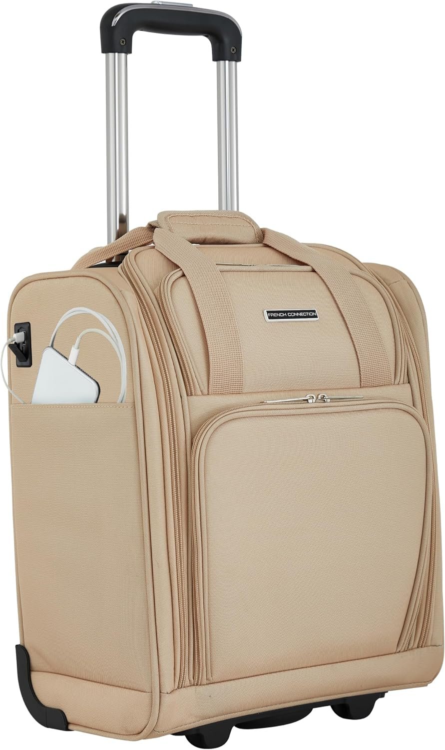 French Connection 16″ Underseat Carry-On Luggage with USB/USB-C Ports, Toasted Almond