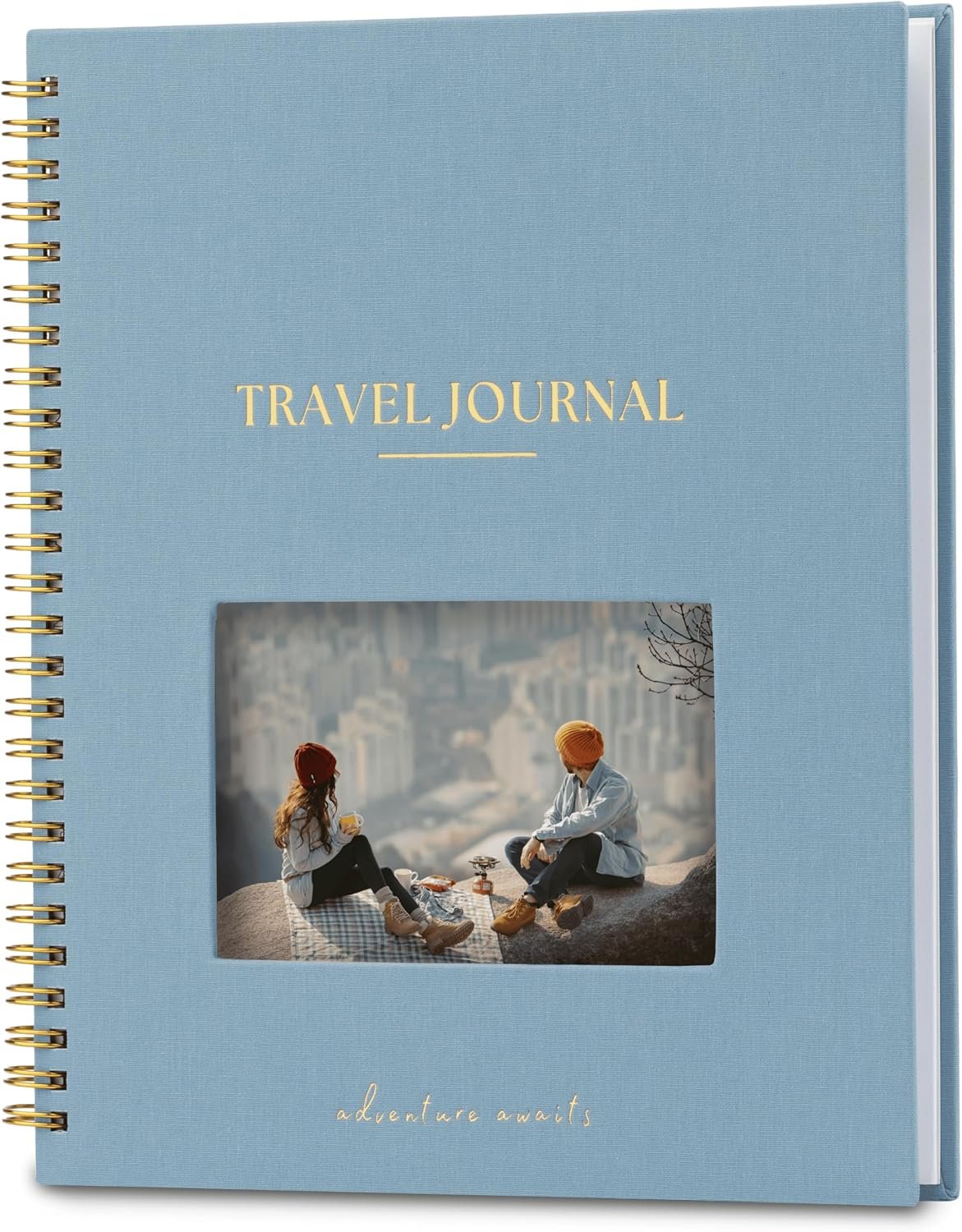 Nook Theory Personalized Travel Journal for Women, Men – Linen Travelers Notebook, Adventure Book with Prompts, Perfect for Travel Gifts (Ocean)