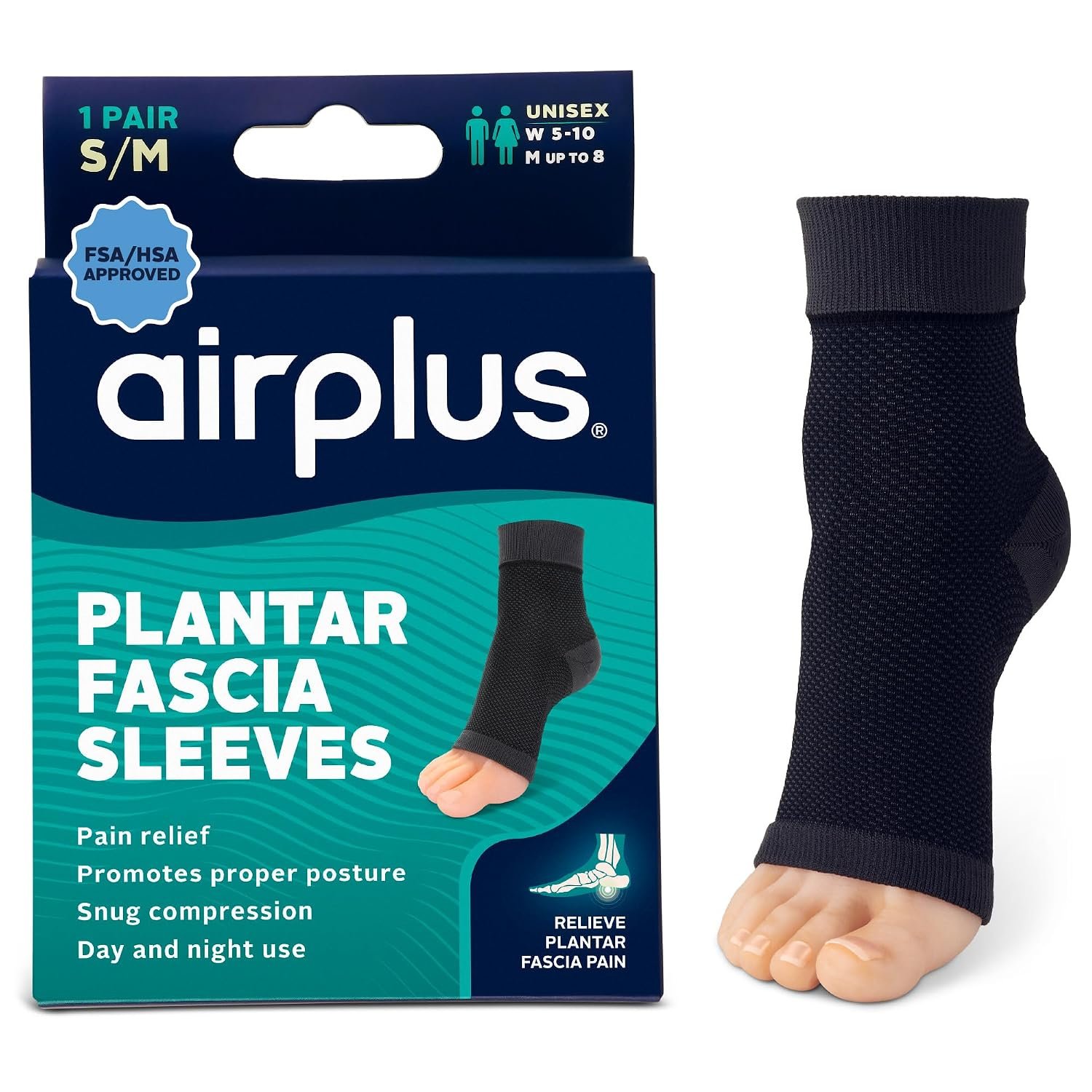 Airplus Plantar Fascia Sleeve (FSA&HSA Eligible) Provides Heel and Arch Support, for Men and Women, Small-Medium