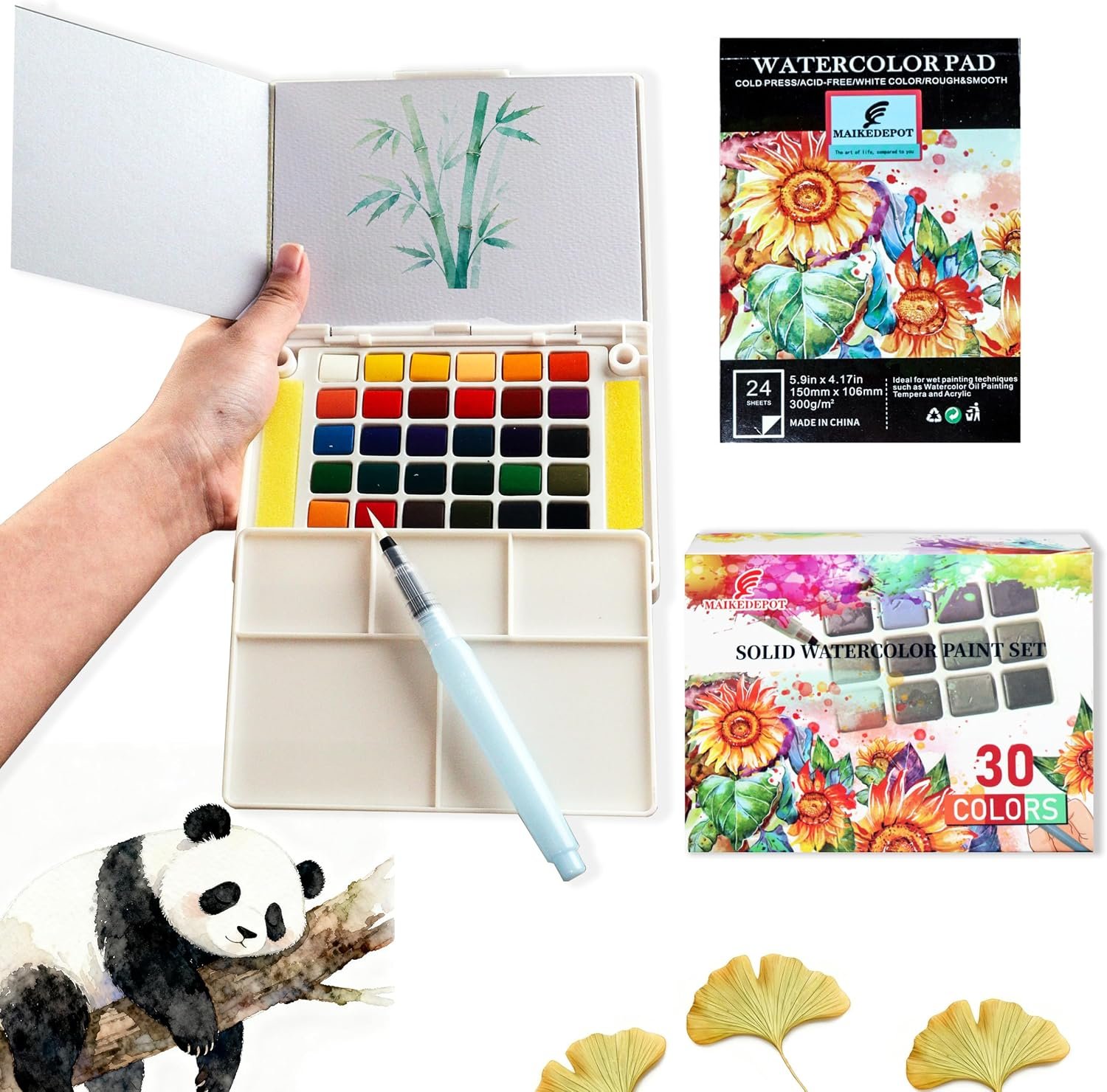 Portable Watercolor Paint Set – 30 Colors Travel Watercolor Kit with Water Brush, 24 Sheets Watercolor Paper, Online Tutorial – Compact Graspable Watercolor Painting Set for Beginners, Artists, Hobbyists, Outdoor Painting