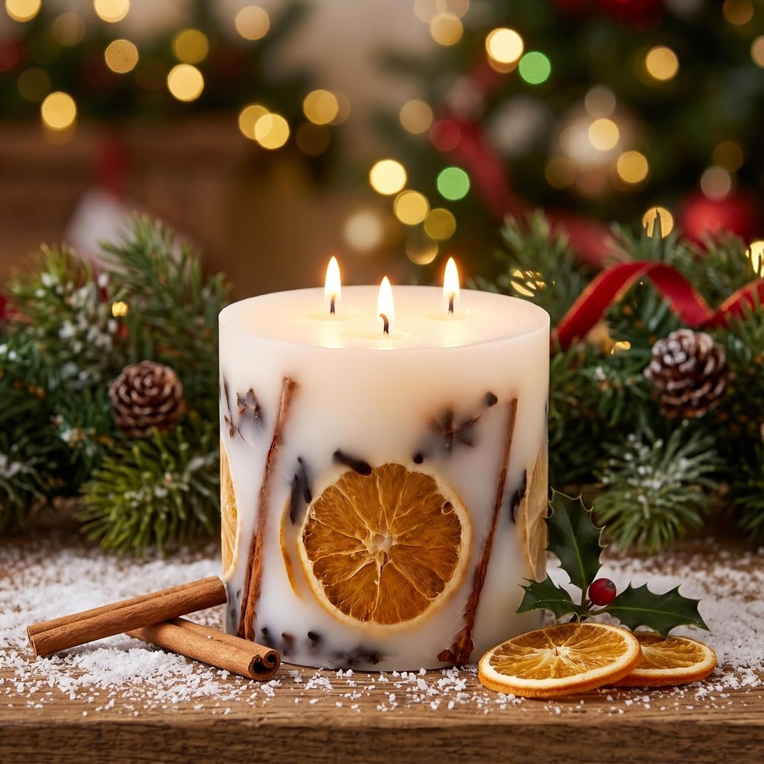 Botanical Scented Candle 3 Wick Decorative Pillar Candle with Orange Slice