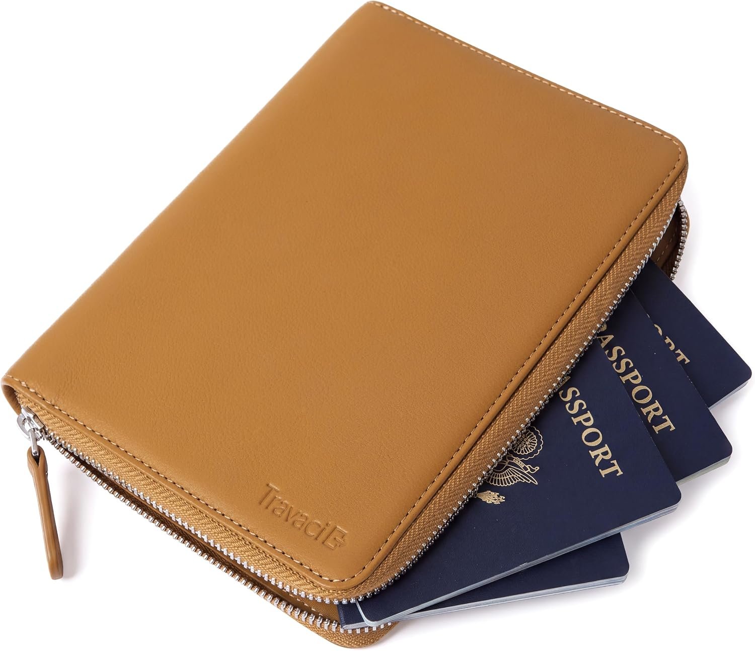 Full Grain Leather Family Passport Holder for 4 Passports – RFID Passport Holder and Travel Document Organizer – Large Leather Travel Wallet for Families – Camel