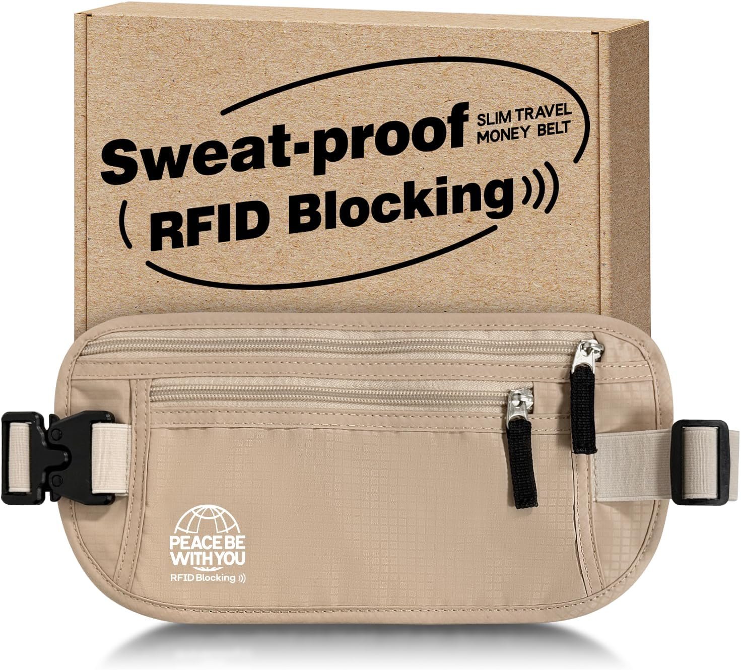 Money Belt for Travel, Passport Holder, RFID Blocking, Sweat-Proof, Beige